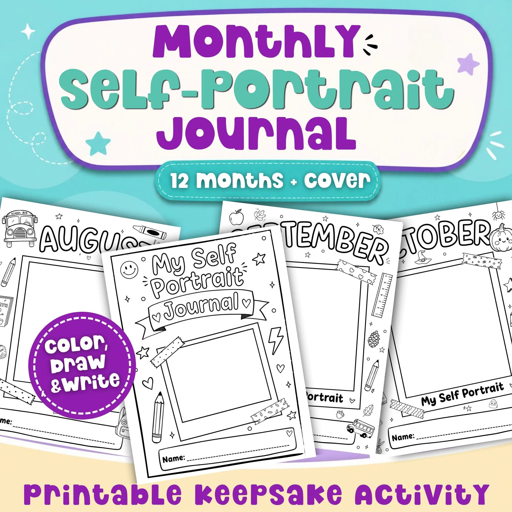 Printable Self Portrait Worksheets Monthly Journals Early Elementary Progress Book Name Writing Student Portfolio Homeschool Resource