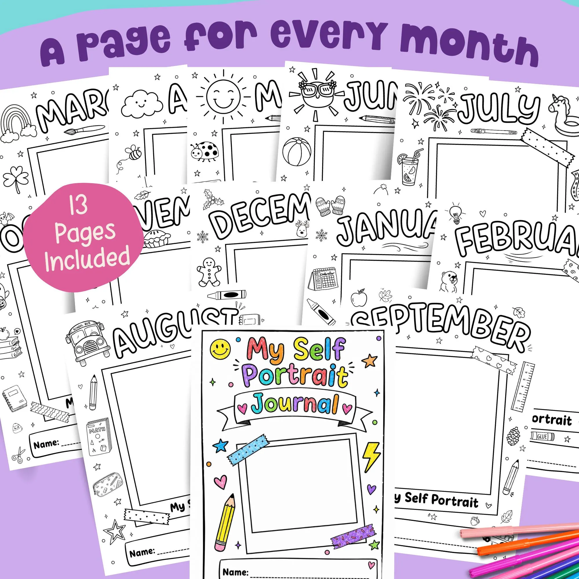 All 13 pages of a printable self portrait progress book showing a cover page and monthly worksheet pages for preschool monthly journals, early elementary, and homeschool use.
