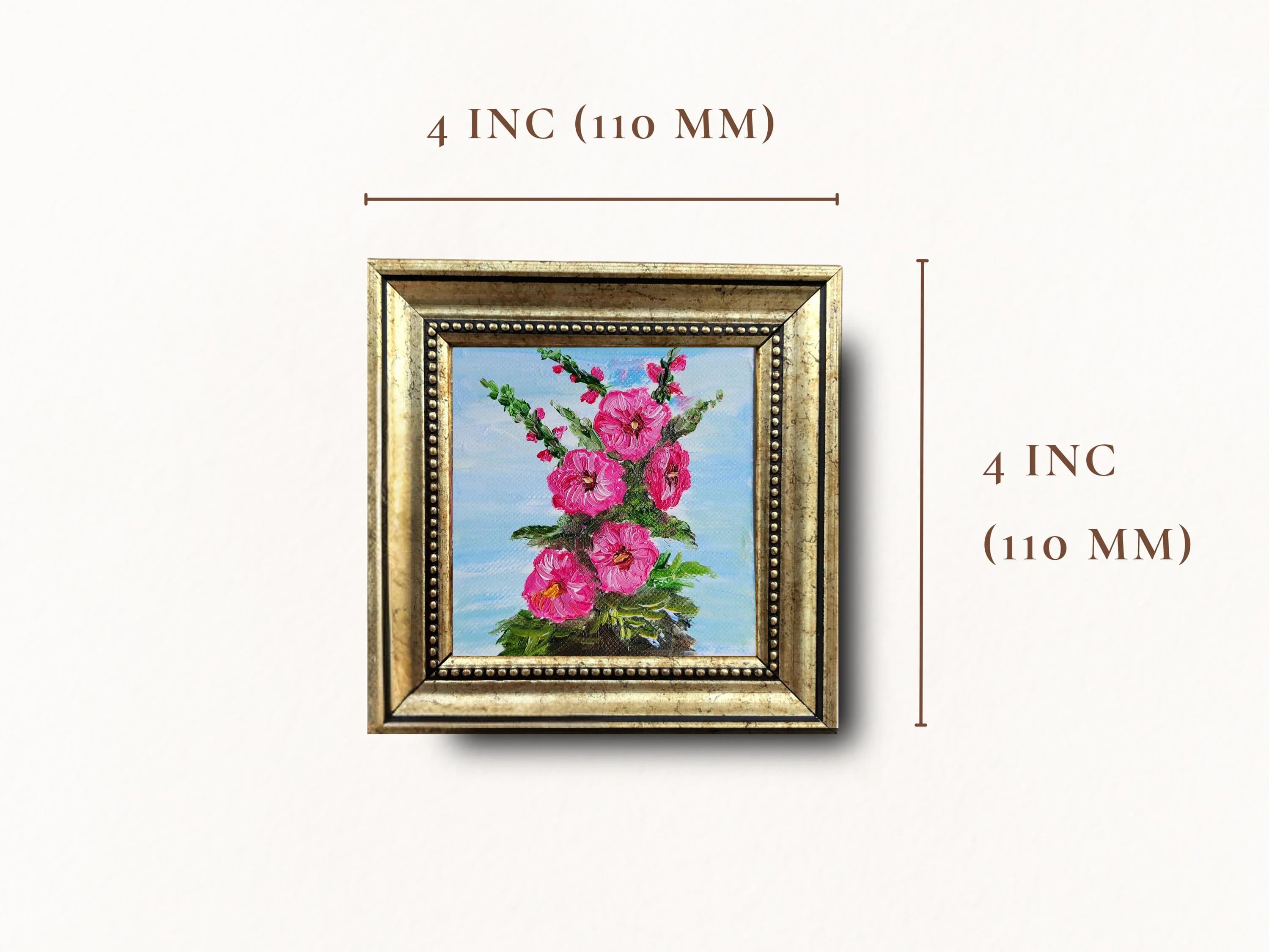 Pink Hollyhock Oil Painting, Framed Floral Wall Art, 4x4 Inch Original Artwork - image 2