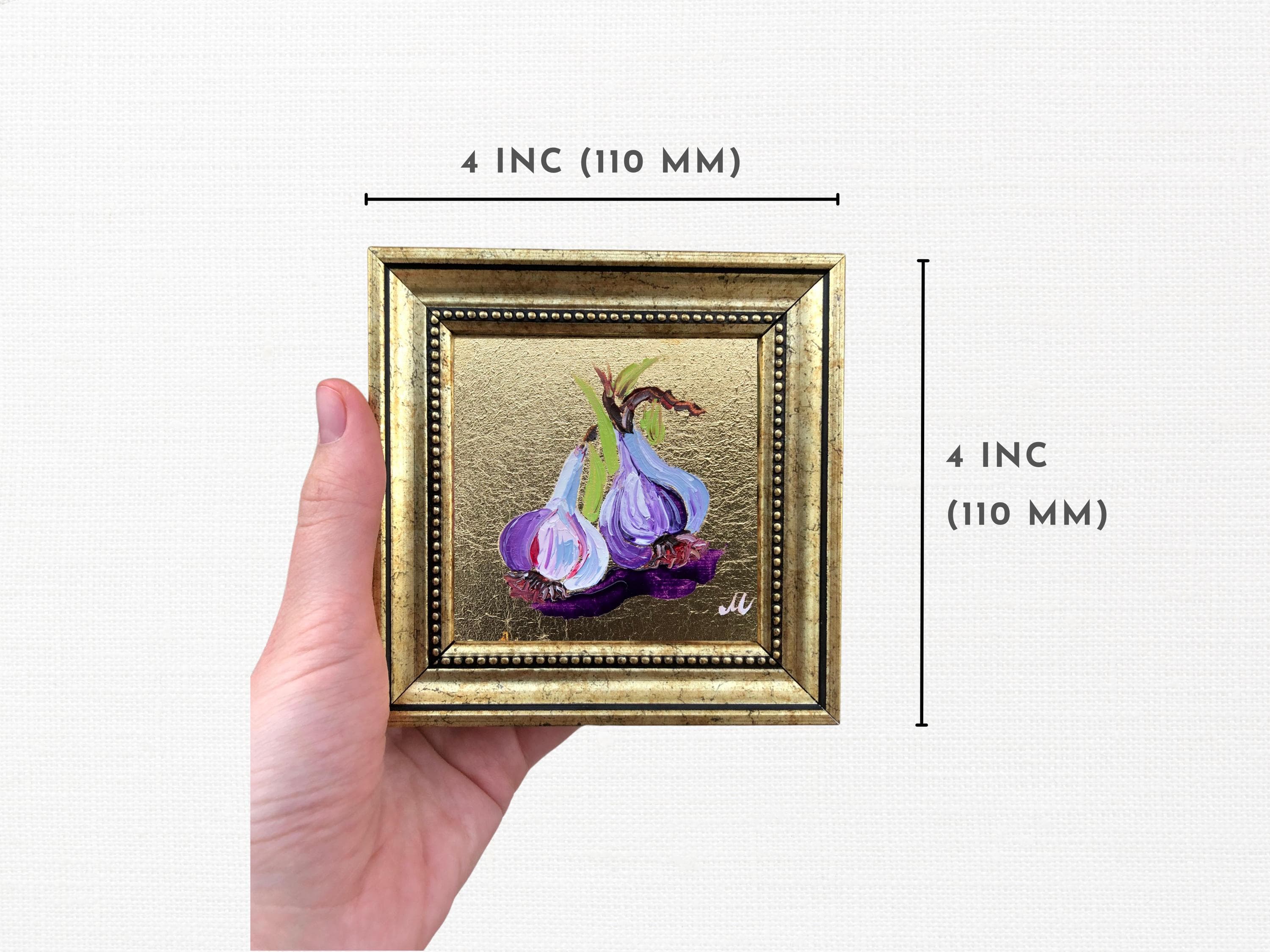 Original Garlic Painting, Gold Framed Kitchen Decor, 4x4 Inch Canvas - image 3
