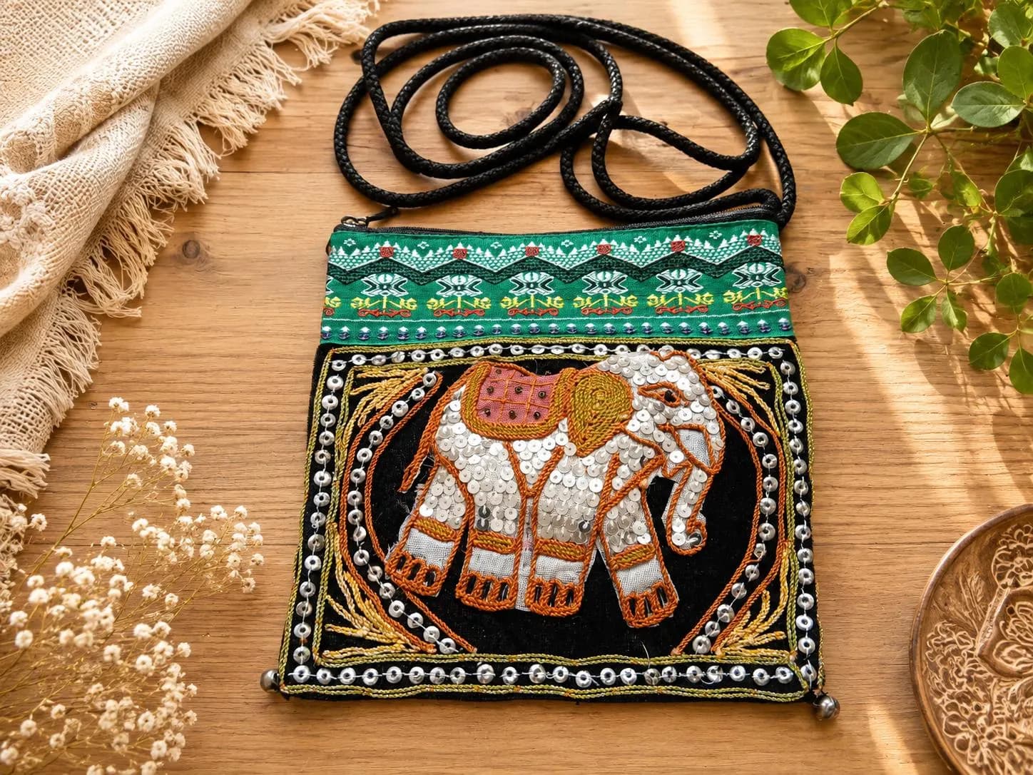 Beaded Shoulder Bag with Indian Elephant Design, Handmade Bohemian Cross body Bag - image 5