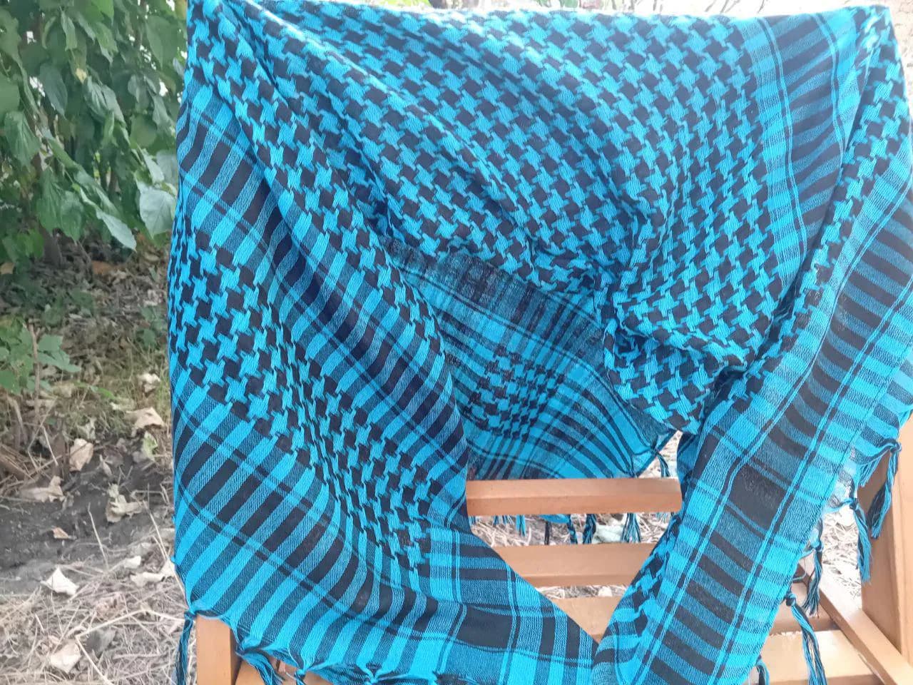 Large Blue Square Houndstooth Shawl, Oversized Cotton Fringed Scarf - image 2