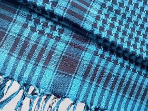 Large Blue Square Houndstooth Shawl, Oversized Cotton Fringed Scarf - image 3