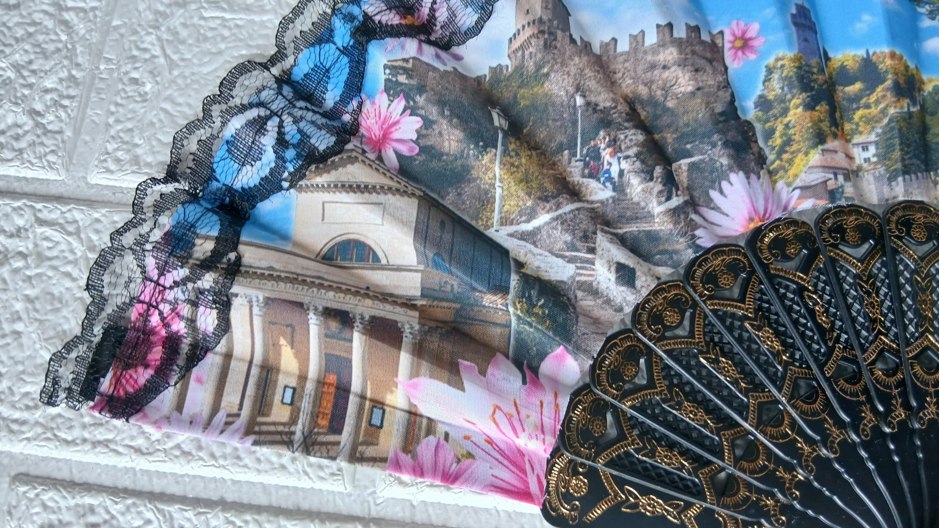 Vintage San Marino Folding Fan with Black Lace Trim, Romantic Travel Souvenir - image 5