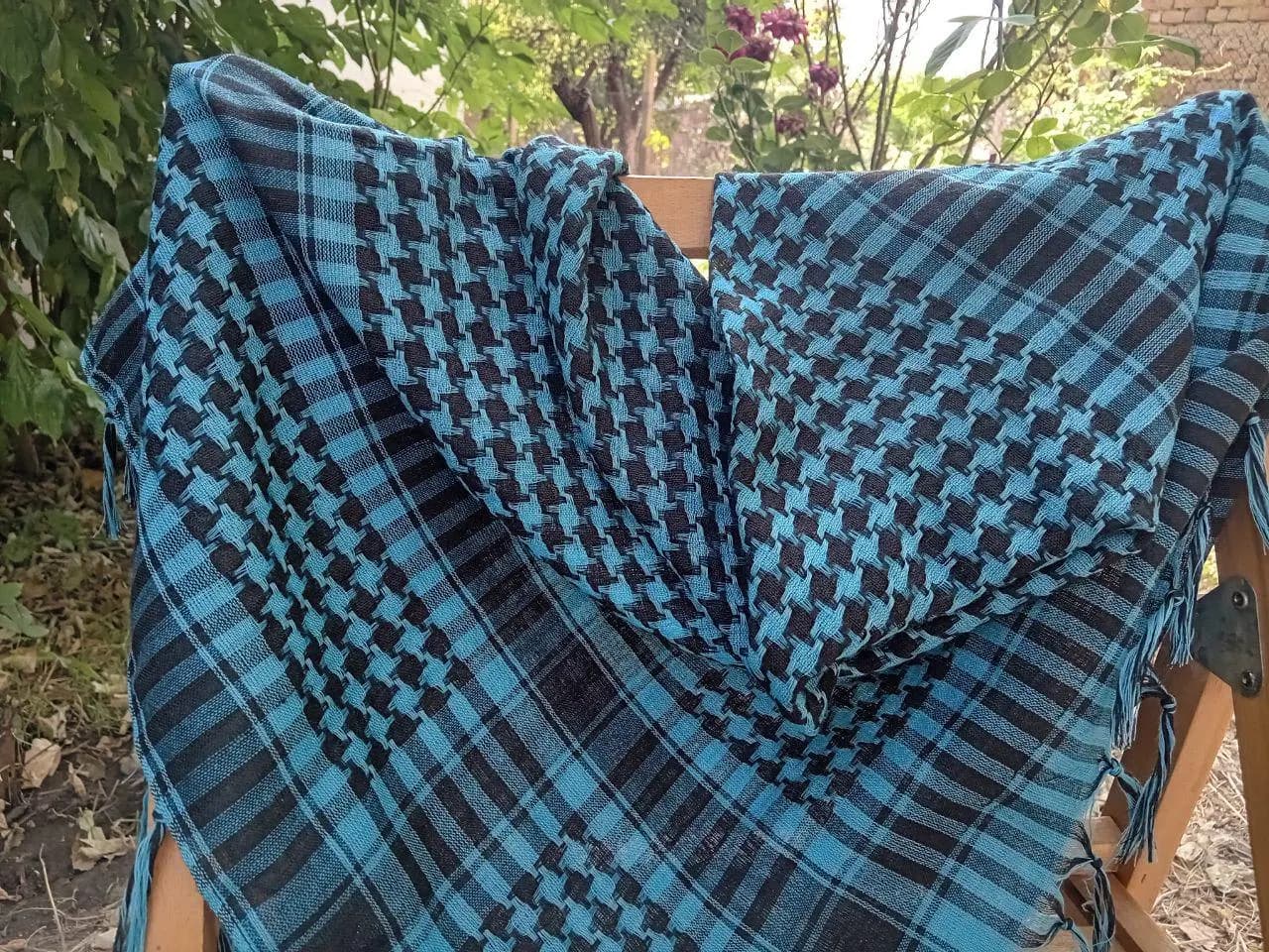 Large Blue Square Houndstooth Shawl, Oversized Cotton Fringed Scarf - image 5