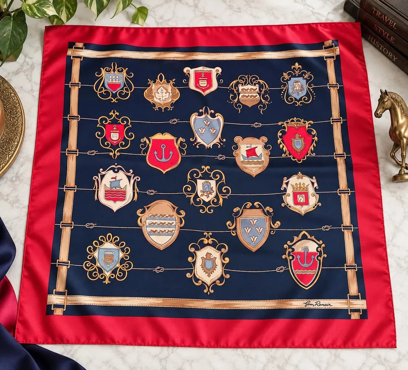 Gim Renoir Vintage Scarf, Made in Italy, 78x78 cm, Equestrian Horse & Heraldic Print, 1970s