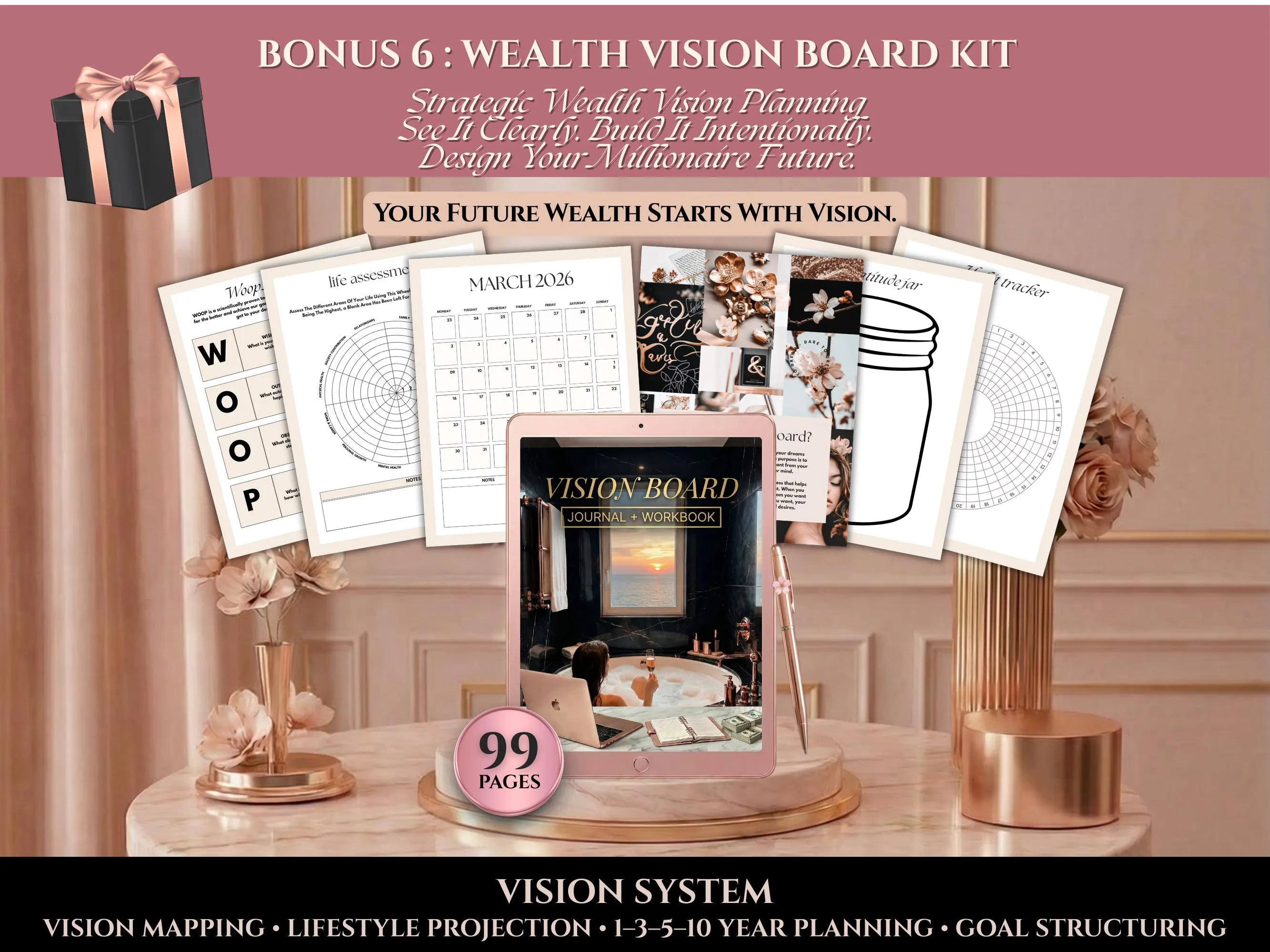 Luxury wealth vision board kit printable with long term goal planning pages