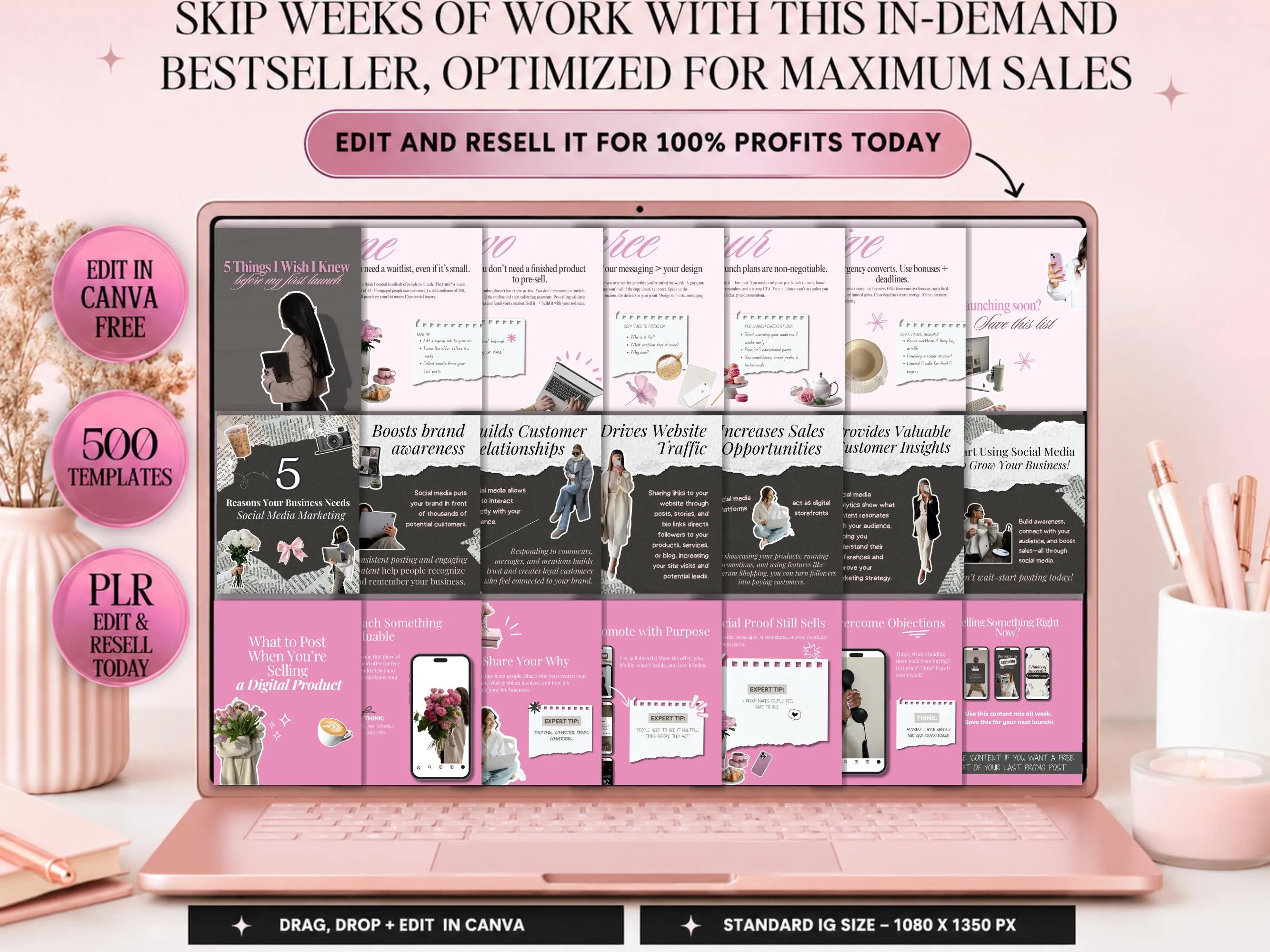 Mockup of pink scrapbook Instagram carousel templates displayed on a laptop, showing in-demand bestseller-style layouts and Canva editable PLR templates.