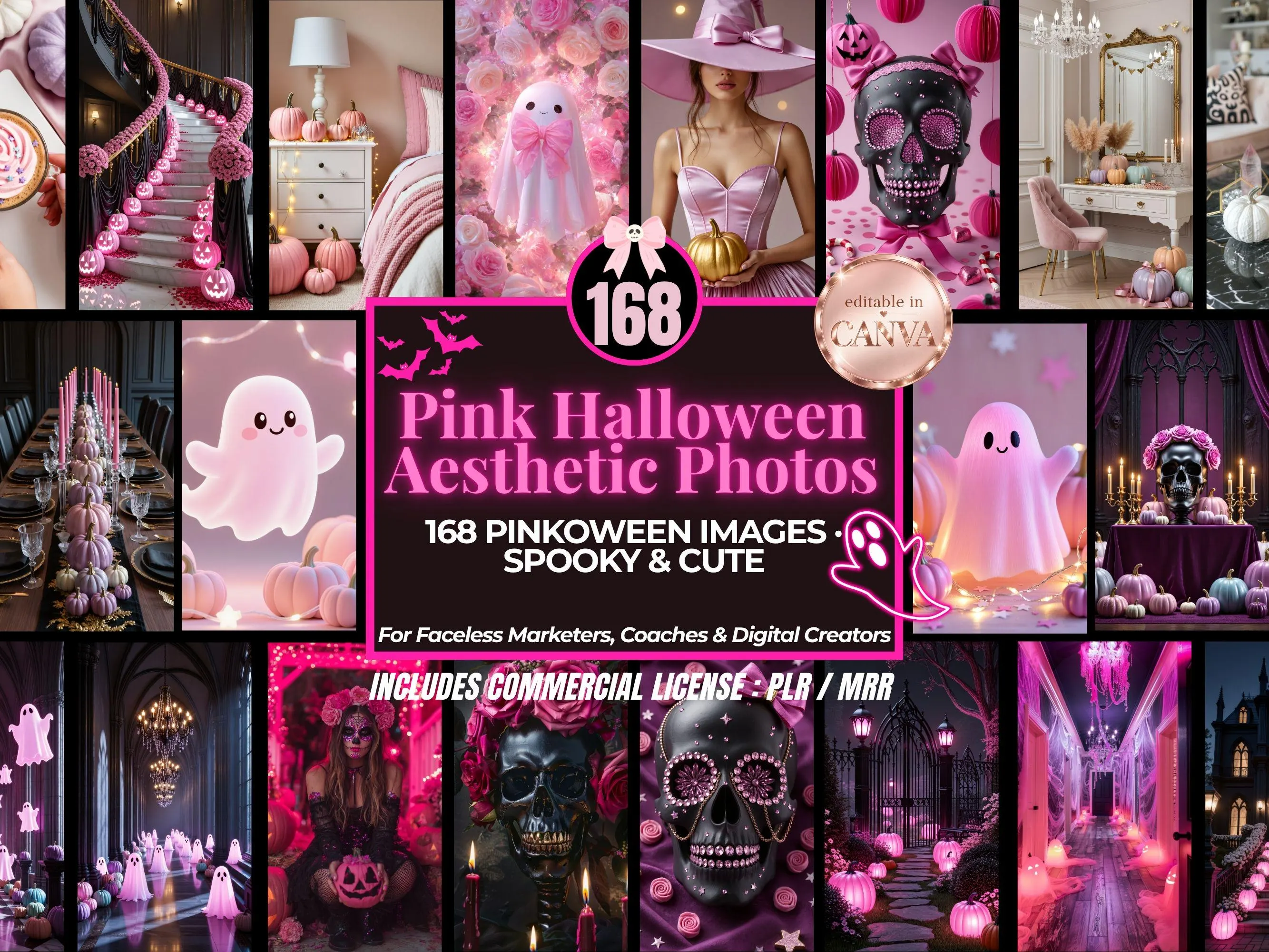 Pink Halloween Aesthetic Photos, 168 Pinkoween Images Spooky & Cute, Faceless Instagram Content, PLR MRR Photo, Canva editable photo