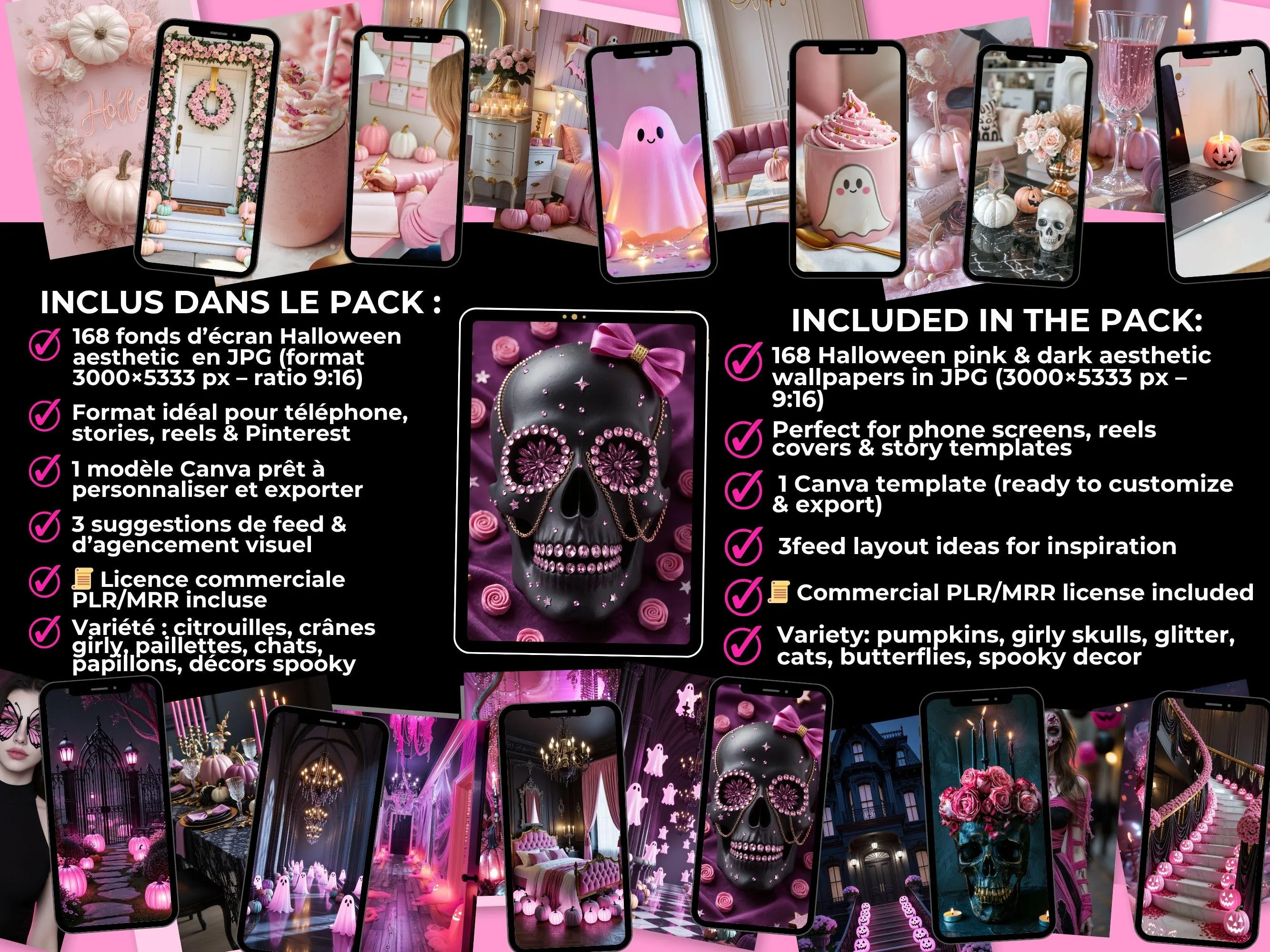 Contenu inclus dans le pack Halloween girly : images HD, modèle Canva, licence commerciale et suggestions de feed Instagram.