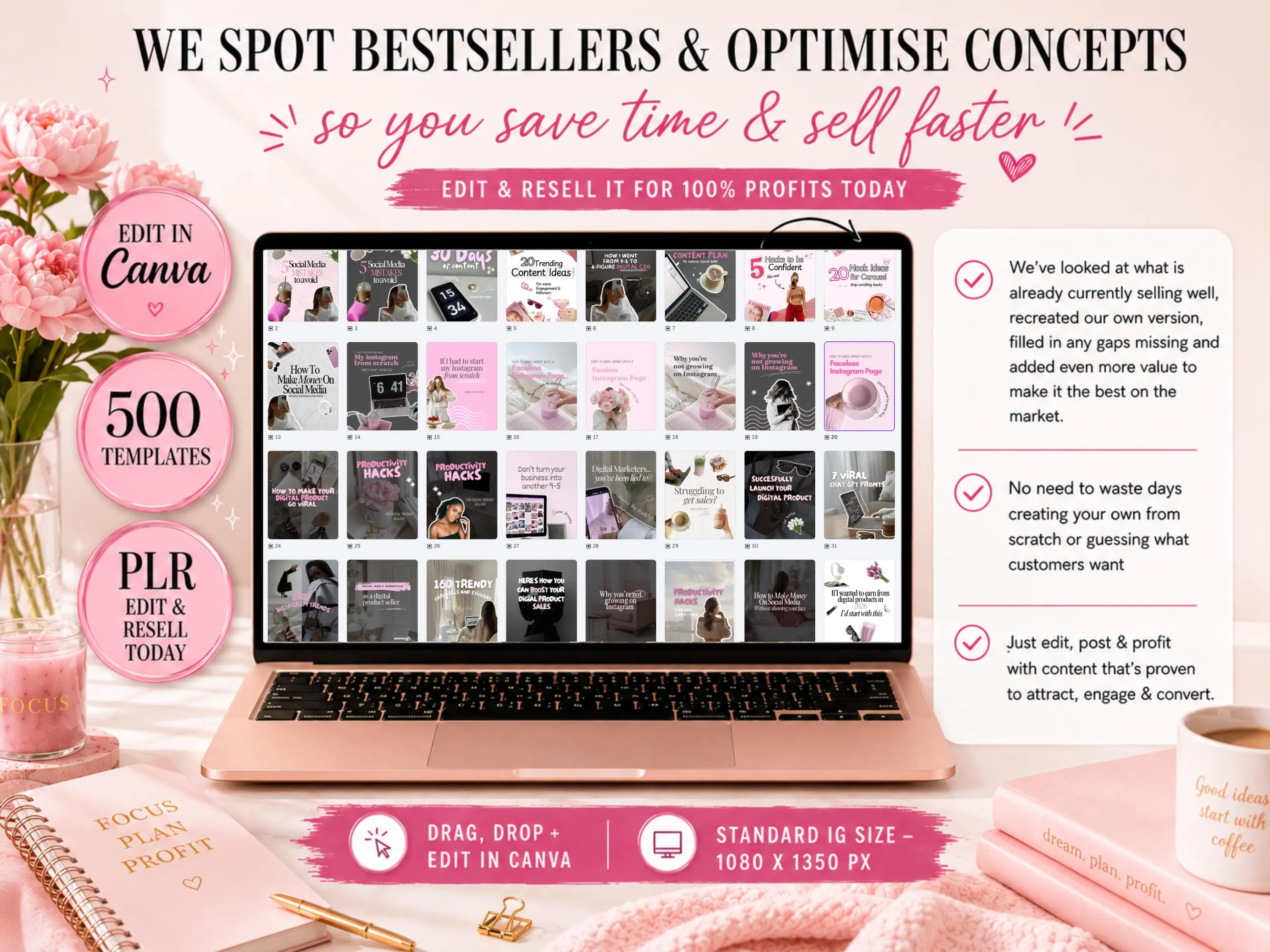 Etsy listing slide showing pink scrapbook Canva PLR templates based on optimized concepts, with carousel designs, covers, bonuses and editable Canva access.