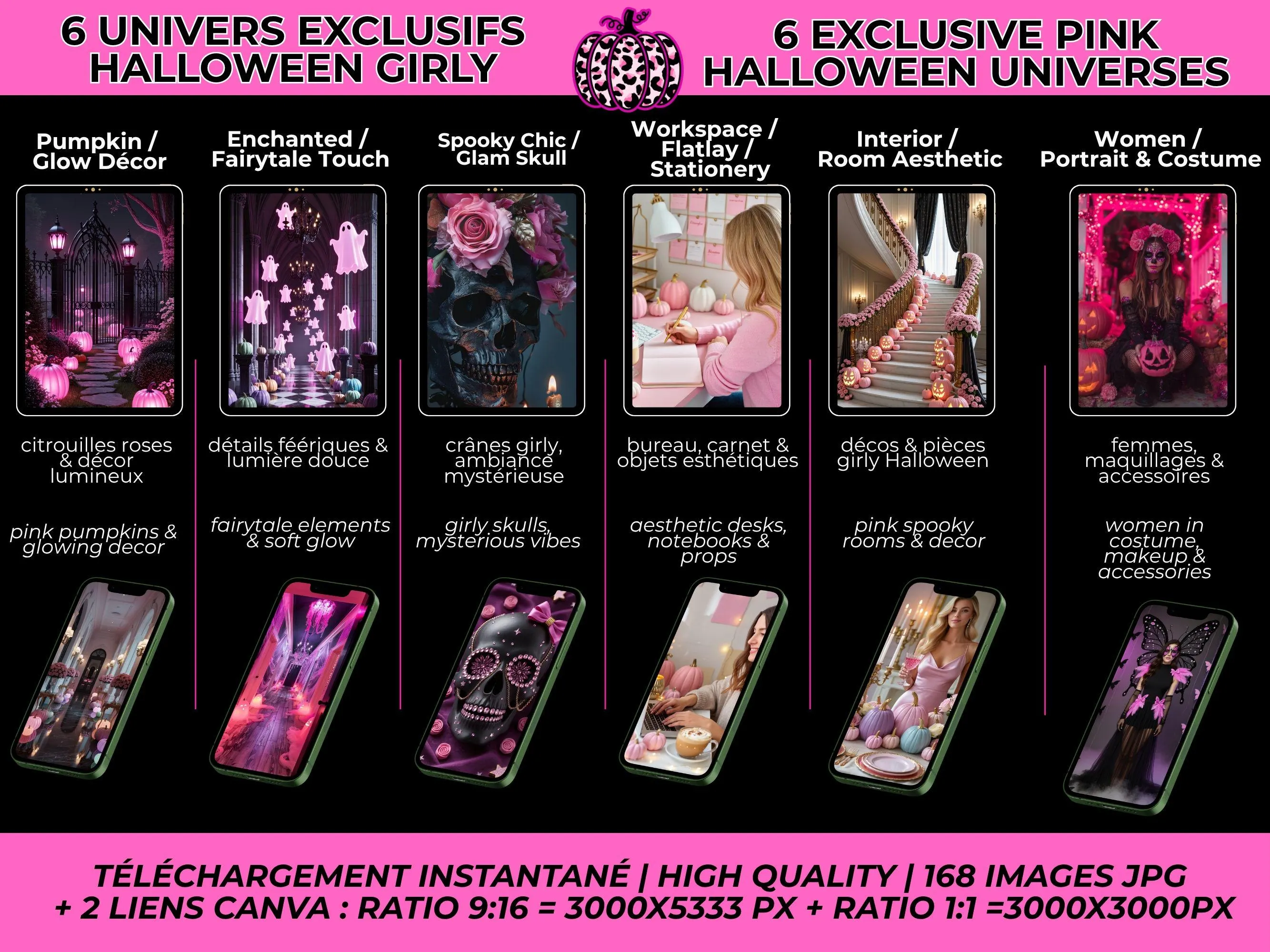 Aperçu des 6 univers visuels exclusifs du pack Pink Halloween : spooky chic, citrouilles glitter, décors enchantés et ambiances dark & pink.