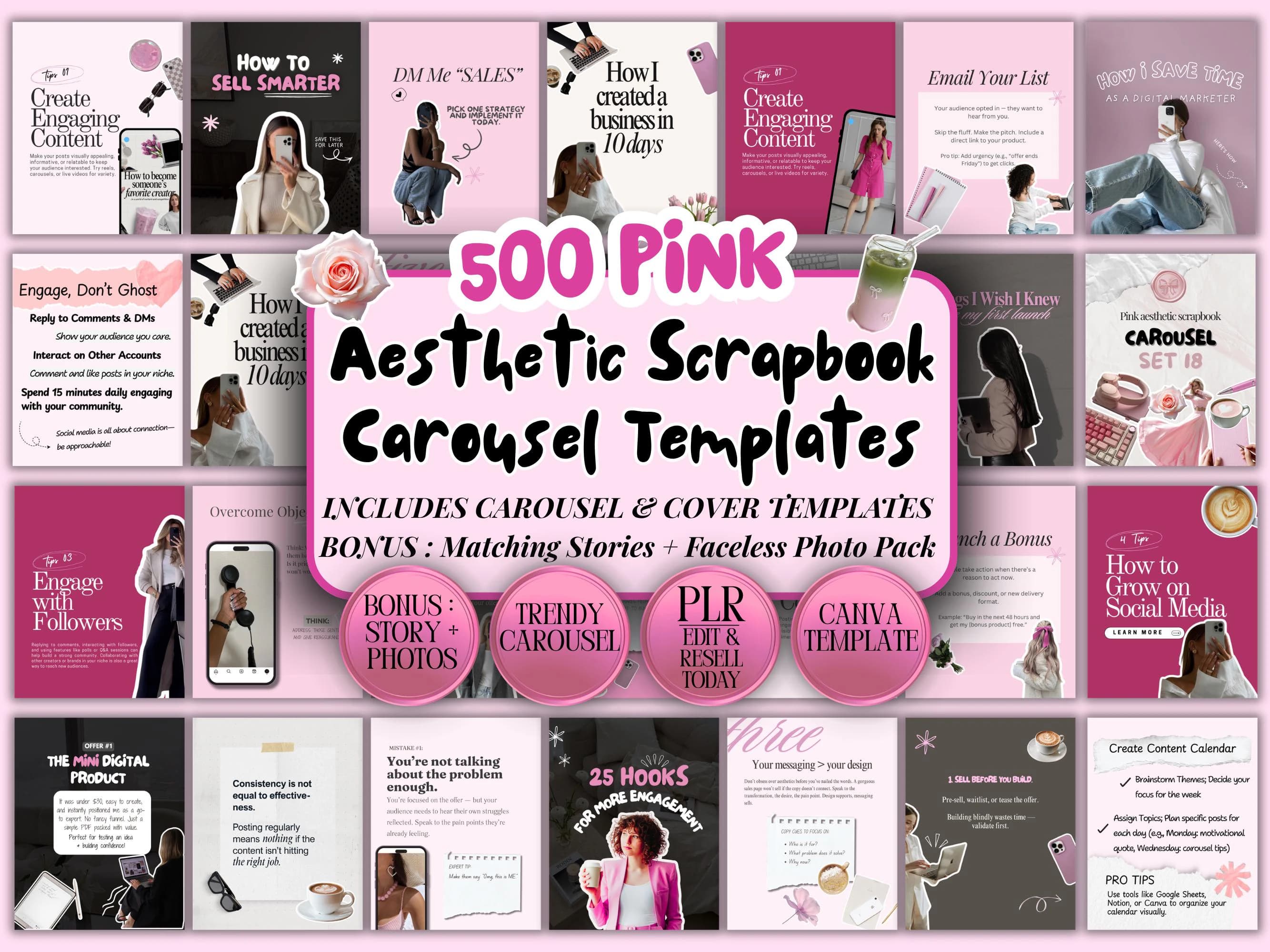 Pink aesthetic scrapbook carousel templates,500 canva PLR Instagram templates for digital product sellers,dfy carousel with covers & stories