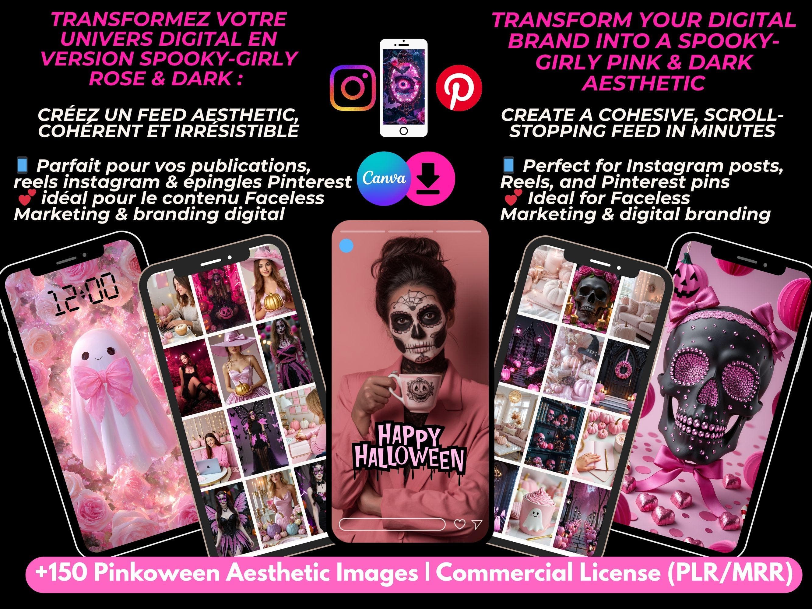 Mockup bilingue montrant comment transformer un feed Instagram ou Pinterest avec le pack d’images Pinkoween rose et spooky chic.