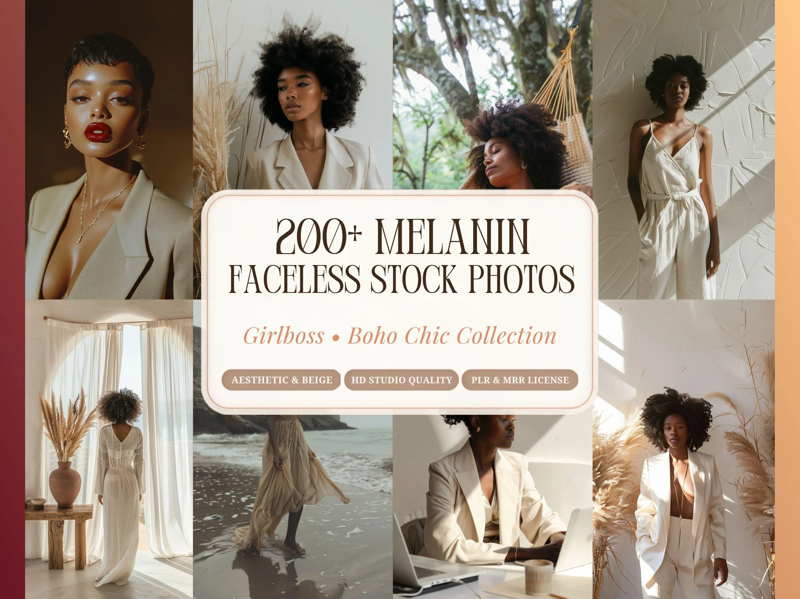 Melanin Faceless Stock Photos with PLR MRR, 200+ Beige Aesthetic Black Woman Photos, Boho Girlboss Stock Photo Bundle for Instagram