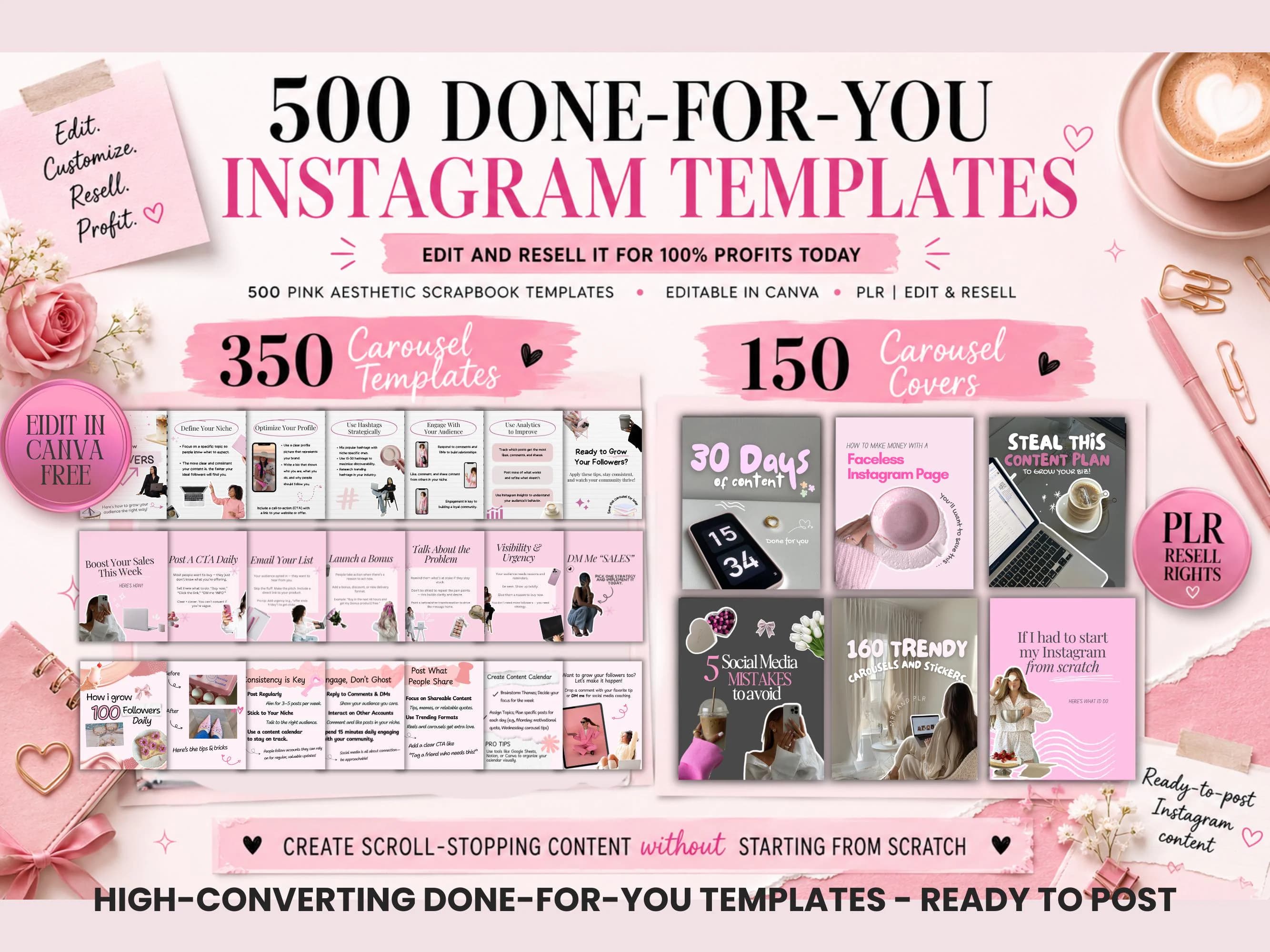 Pink Etsy listing slide showing 500 done-for-you Instagram templates, including 350 carousel templates and 150 carousel covers in a pink aesthetic scrapbook Canva PLR bundle.