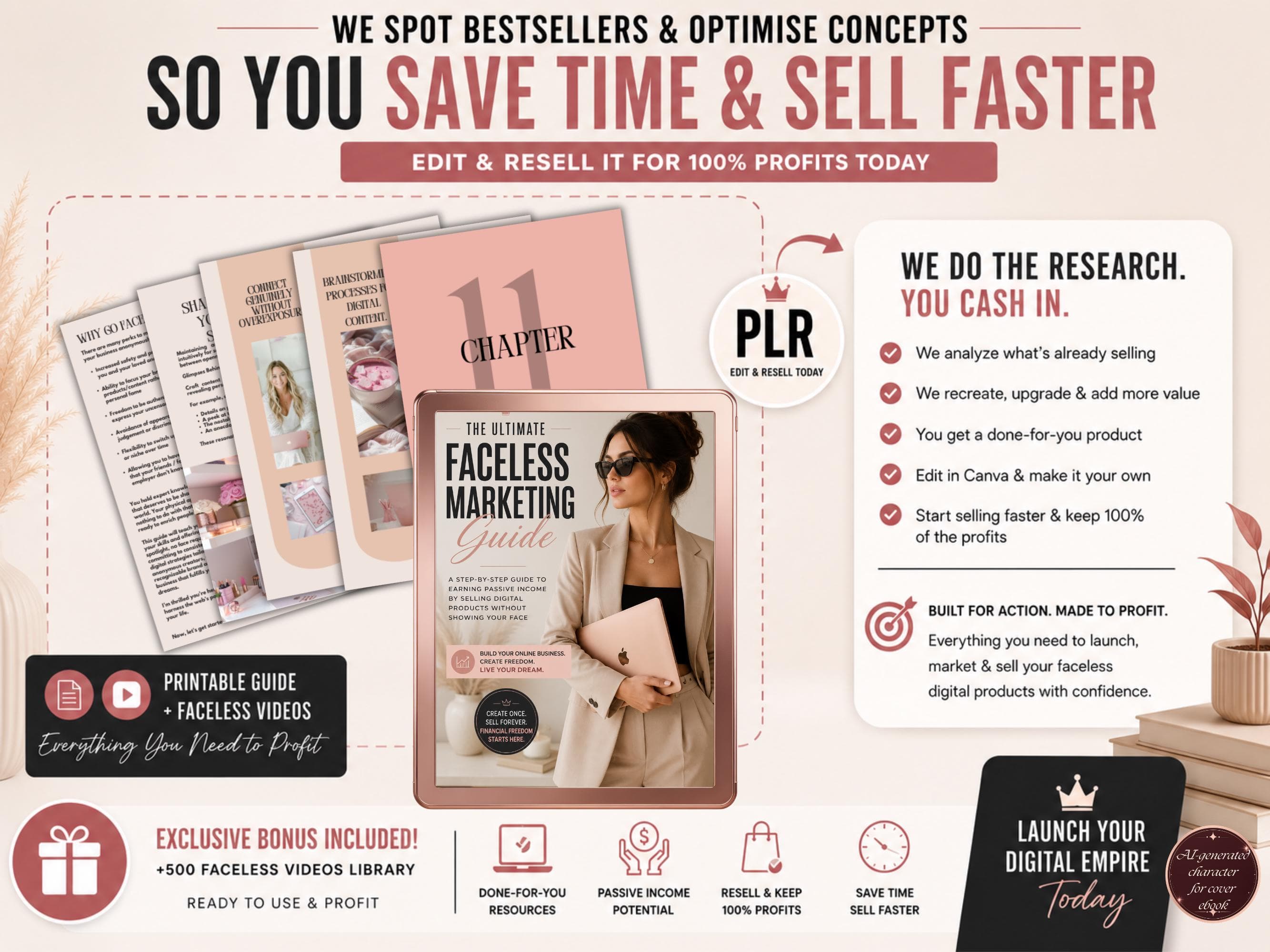 Faceless marketing guide video preview showing digital marketing ebook, faceless content resources and PLR digital product bundle