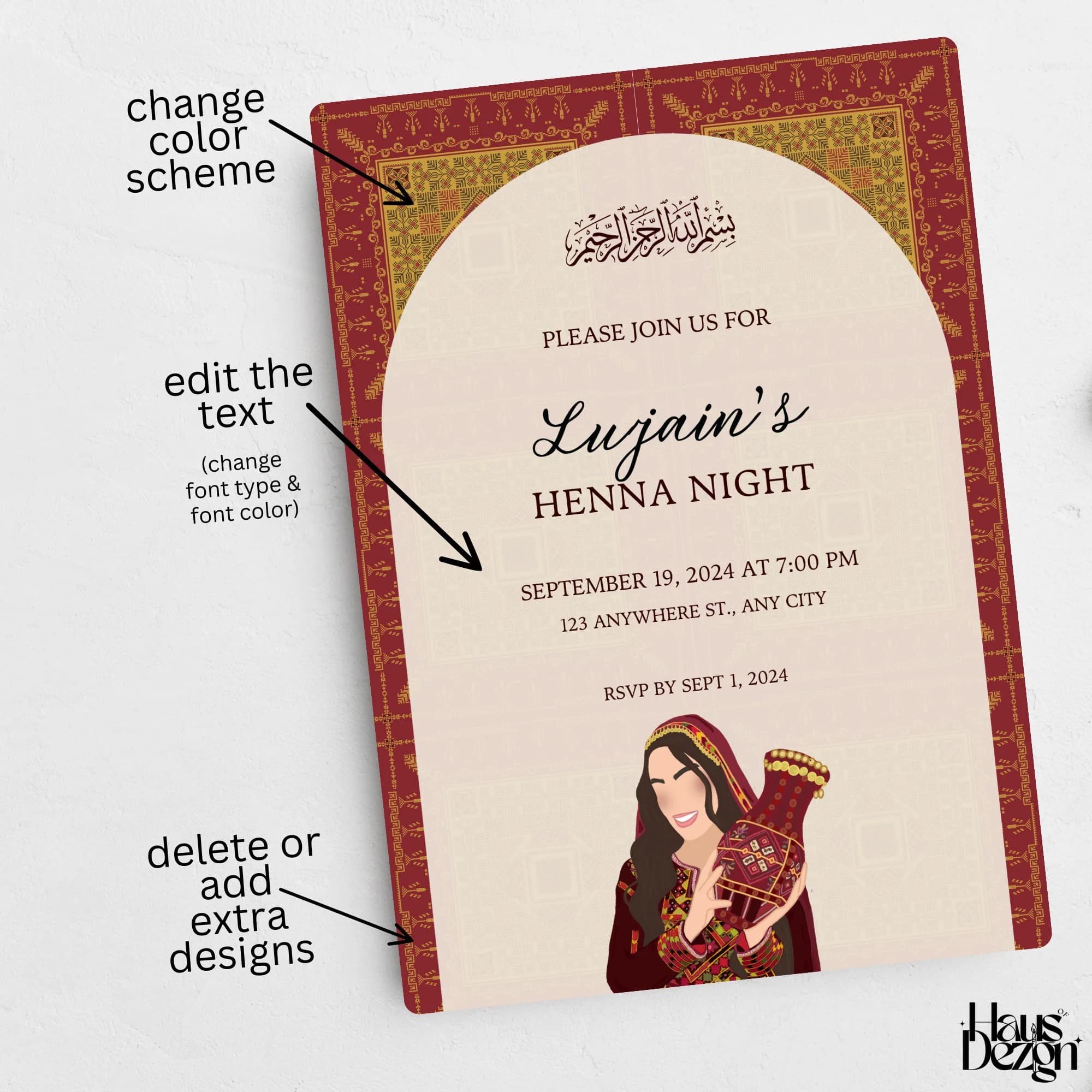 Palestinian Tatreez Henna Invitation, Arab Wedding, Henna Bride Invite, 3roosa, Falasteen, Digital Download, Arabic Text - image 4