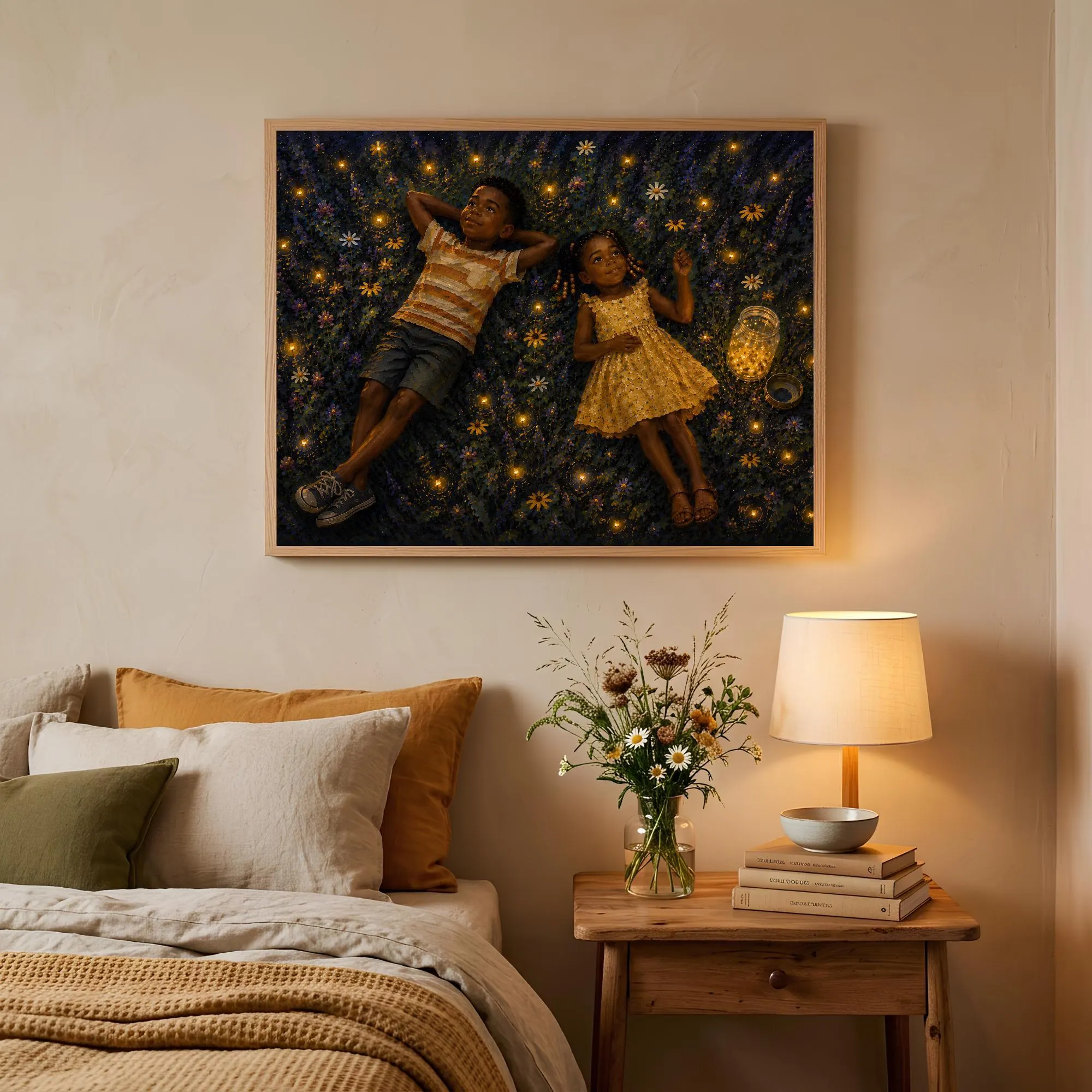 Firefly Dreams framed above a child's bed in a cozy bedroom with warm lighting and natural wood furniture.