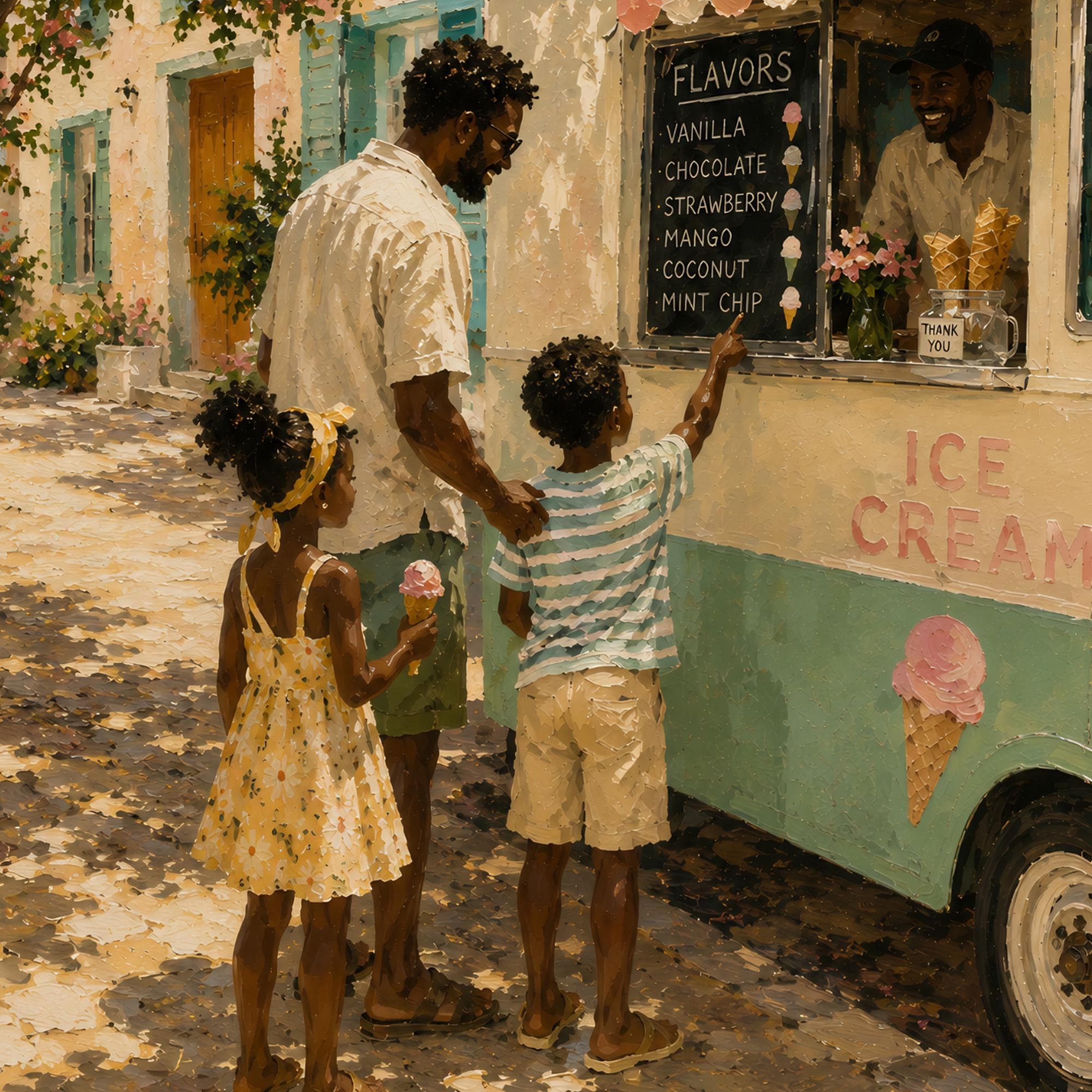 Ice Cream Truck Scene Summer Nostalgia Art Black Family Childhood Memory Playroom Wall Print Vintage Neighborhood Moment Father Children Together Warm Golden Light African American Home Gallery Joyful Summer Day Painterly Style Art Fathers