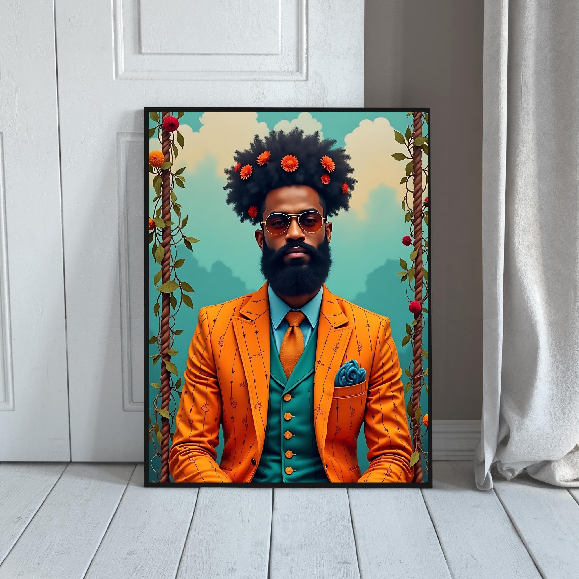 black man with an orange suit sitting on a swing. He wears sunglasses, a beautiful beard and orange flowers in his afro hair