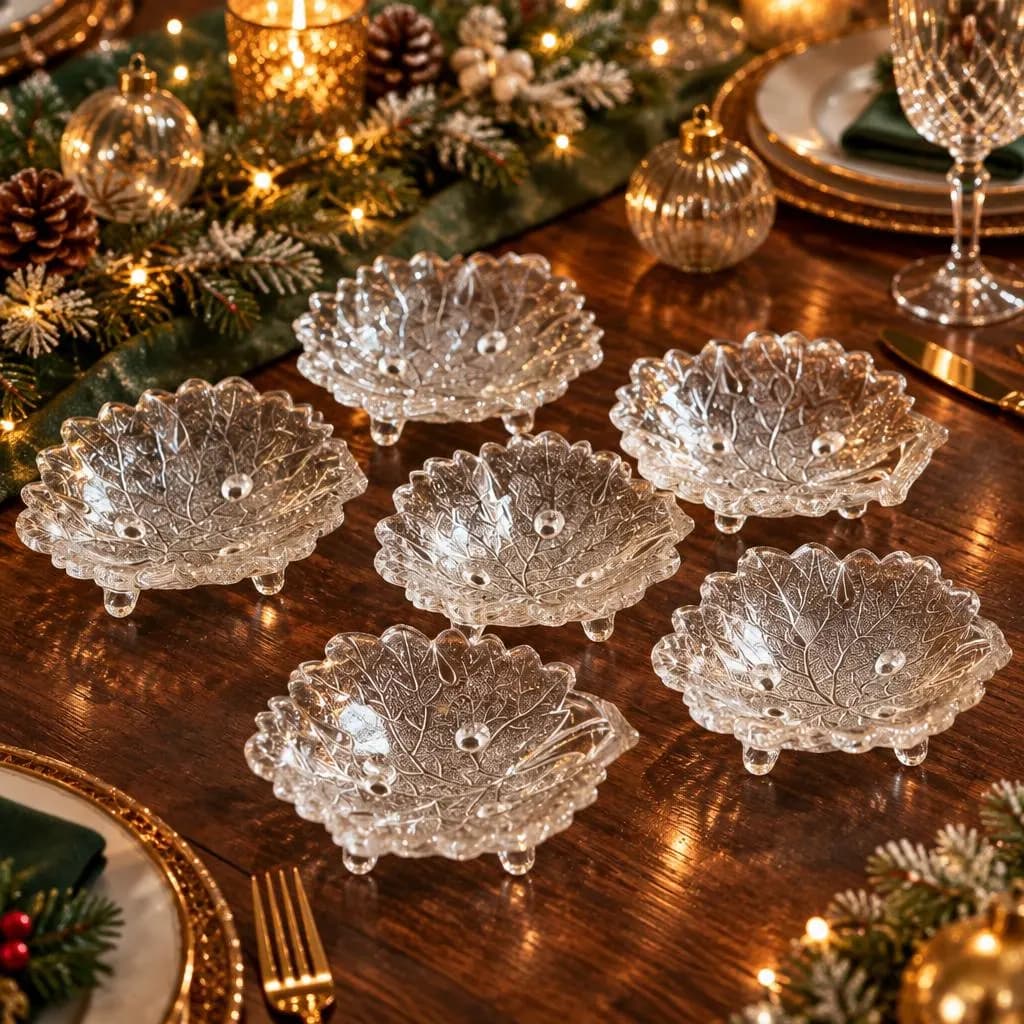 Set Of 6 5" Gillinder Maple Leaf 3 Toed Sauce Dishes, Vintage Clear Pressed Glass Leaf-shaped Dishes ,Christmas Gifts, Christmas Dish