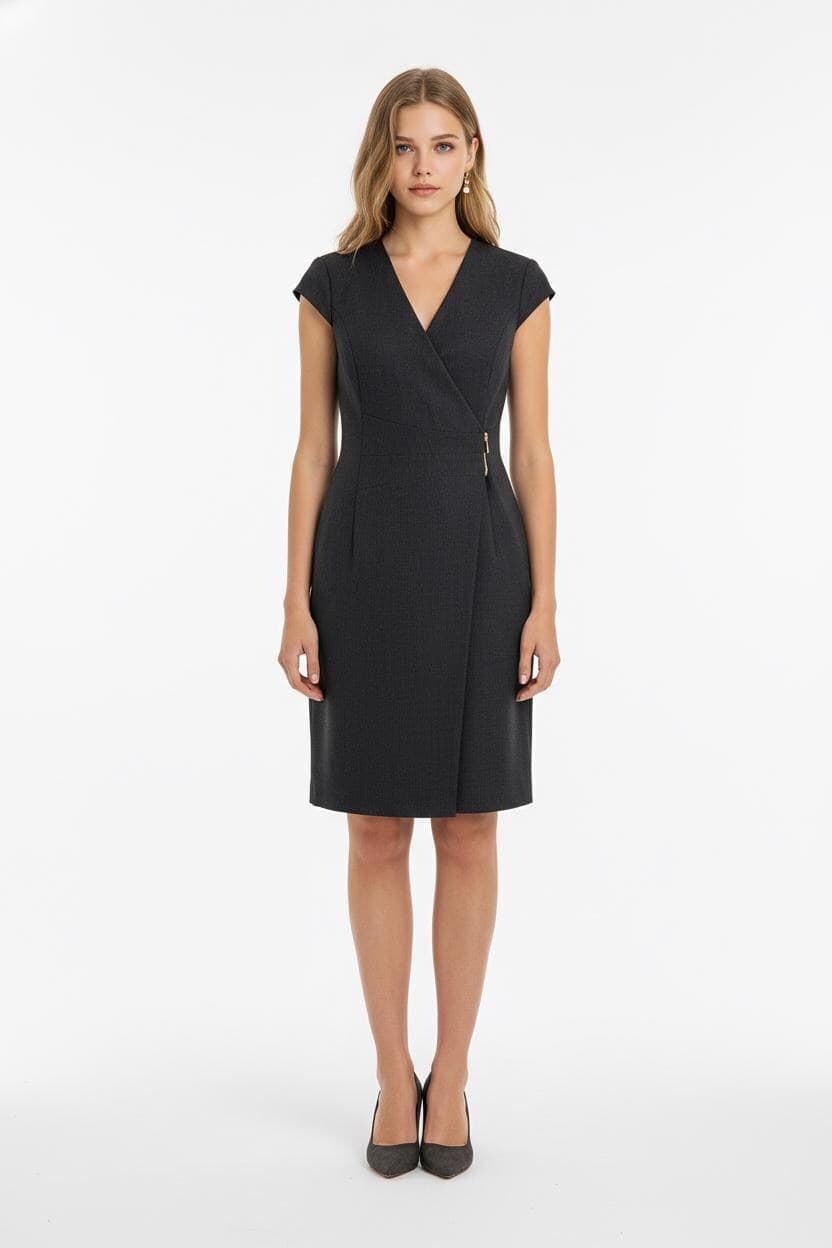 Women's Calvin Klein Sleeveless Side Buckle Wrap Gray Dress Classy Dressy Dress Size 14, Elegant Elevated Luxurious Designer Romantic Chic