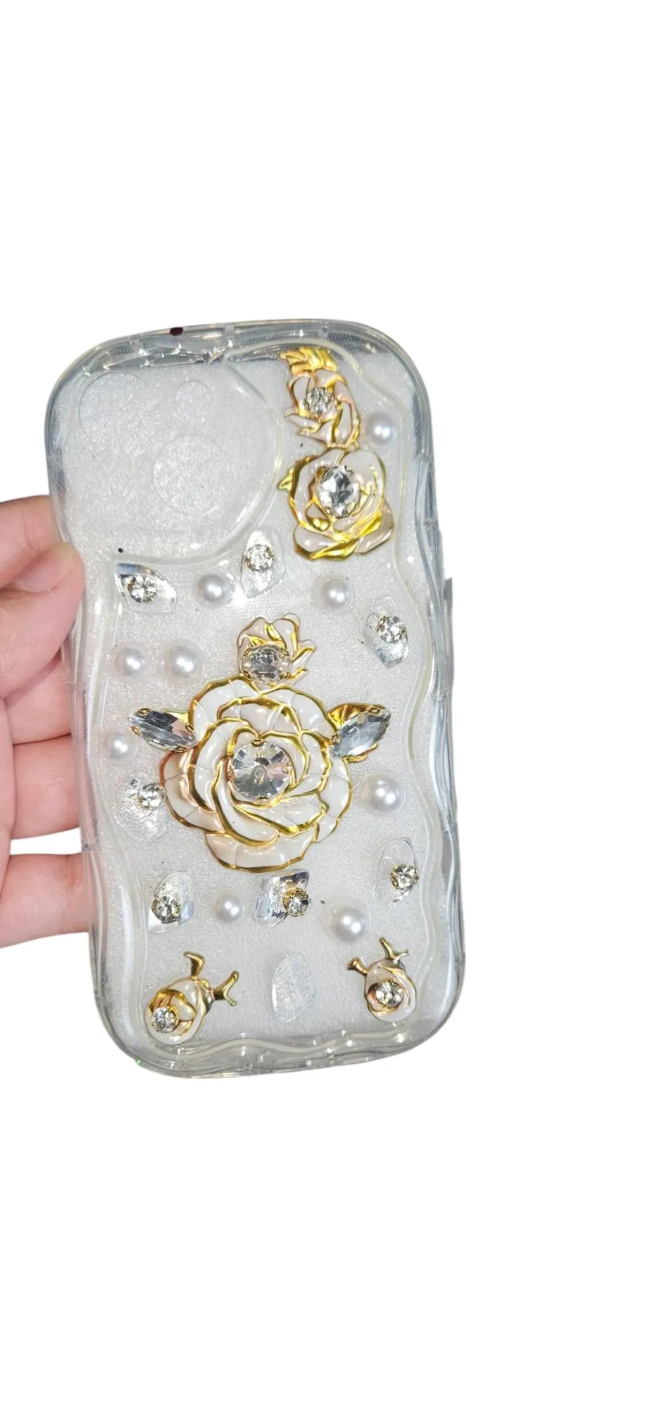 Handcrafted Embellished iPhone 15 Case, Golden Touch Pearls - image 3