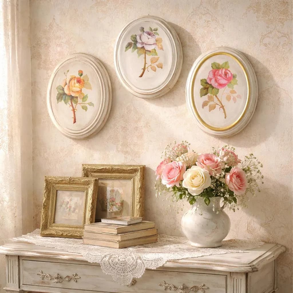 Retro Hand Painted Oval Frame Wall Hanging 3D Rose Flower Design Set of 3, Valentine's Easter Wonderland Greenland Decor, Farmhouse Cottagy - image 2