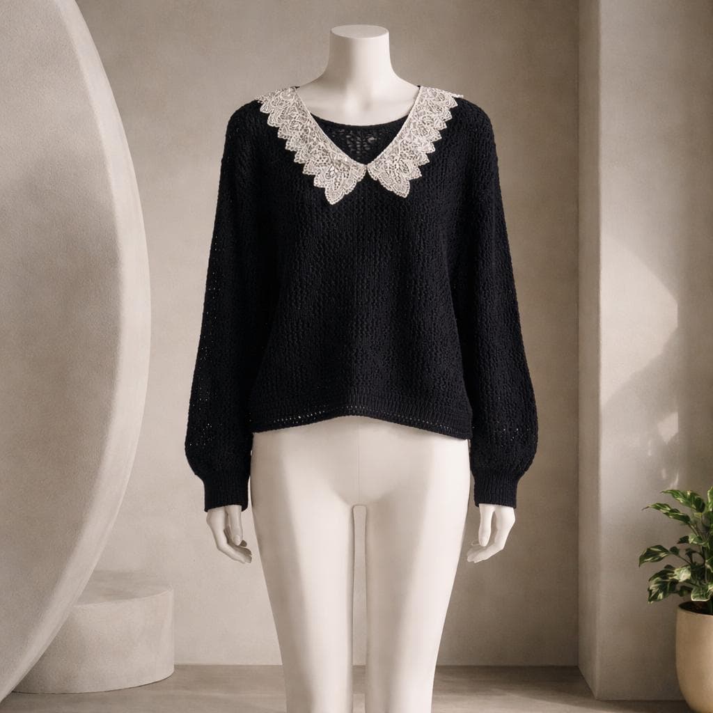 Victorian Vintage David Brett Black Knit Croched Whimsical Grannycore Spring Easter Cottagy Elegant Boho Chic Y2K Sweater Made In USA L/XL - image 3