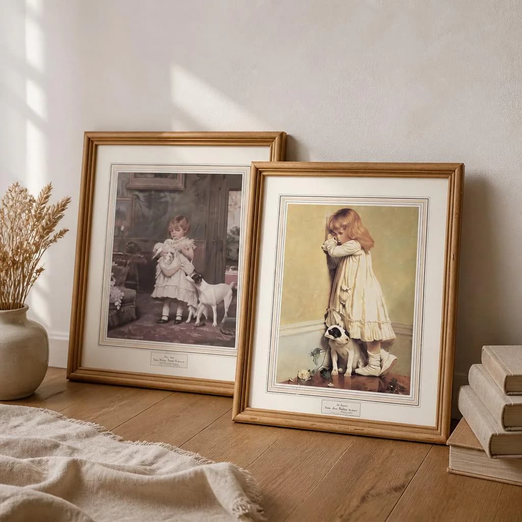 Vintage Framed Prints: "Puppy Love" by Charles Burton Barber, Set of 2 Gallery Wall Decor - image 3
