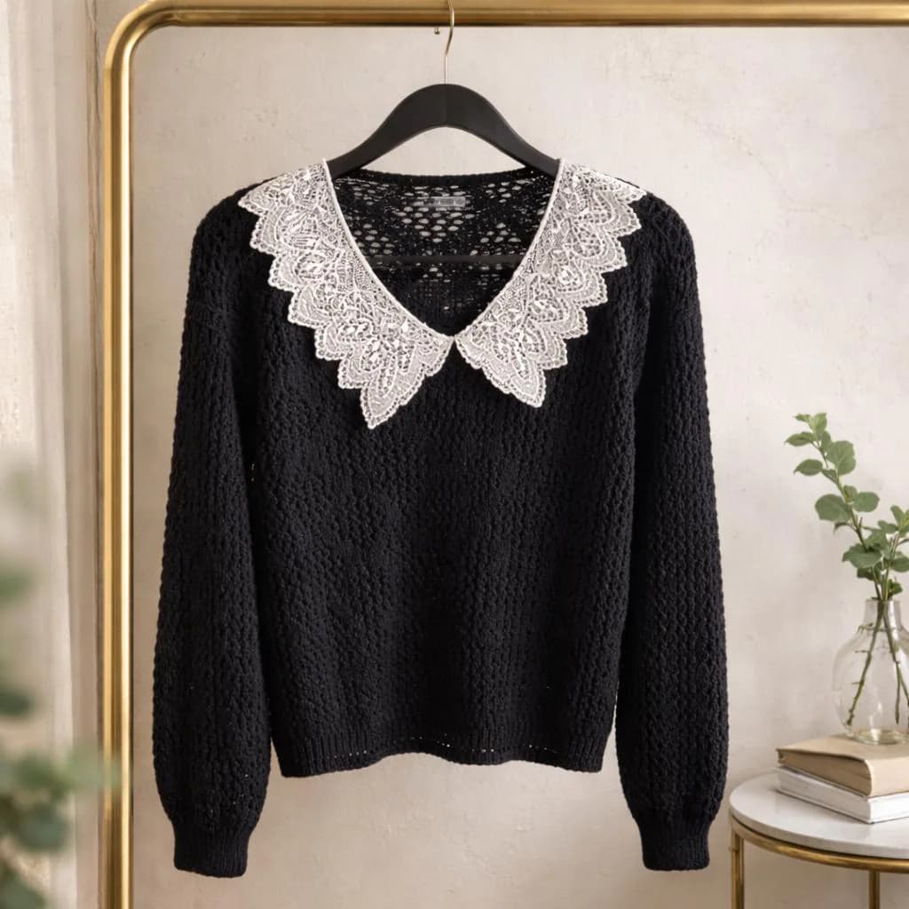 Victorian Vintage David Brett Black Knit Croched Whimsical Grannycore Spring Easter Cottagy Elegant Boho Chic Y2K Sweater Made In USA L/XL - image 4