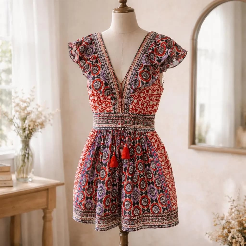 Authentic Anthropologie Women's Beaded Embroidered Floral Design Dress Sise 6, Bohemian Hippie Colorful Summer Dress - image 3