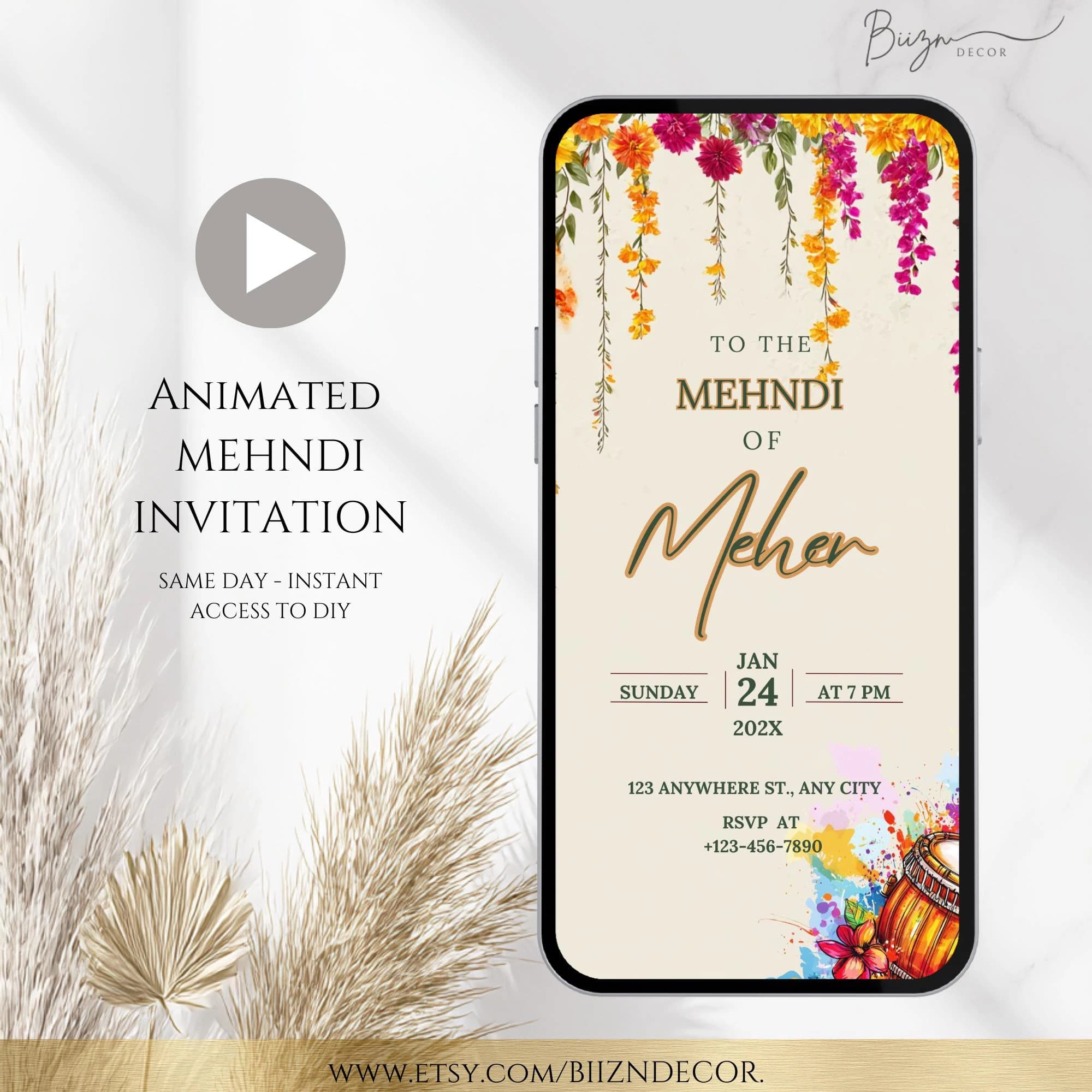 Editable Dholki Mehndi Invitation, Floral Canva Template (Digital Download)