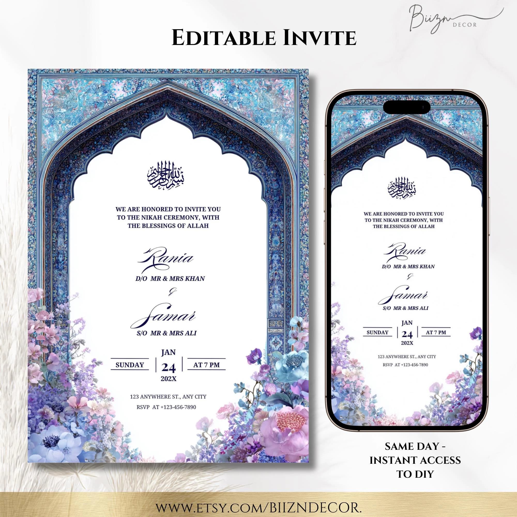 Floral Islamic Wedding Invitation Template, Mobile + 5x7 Card (DIY Instant Download)