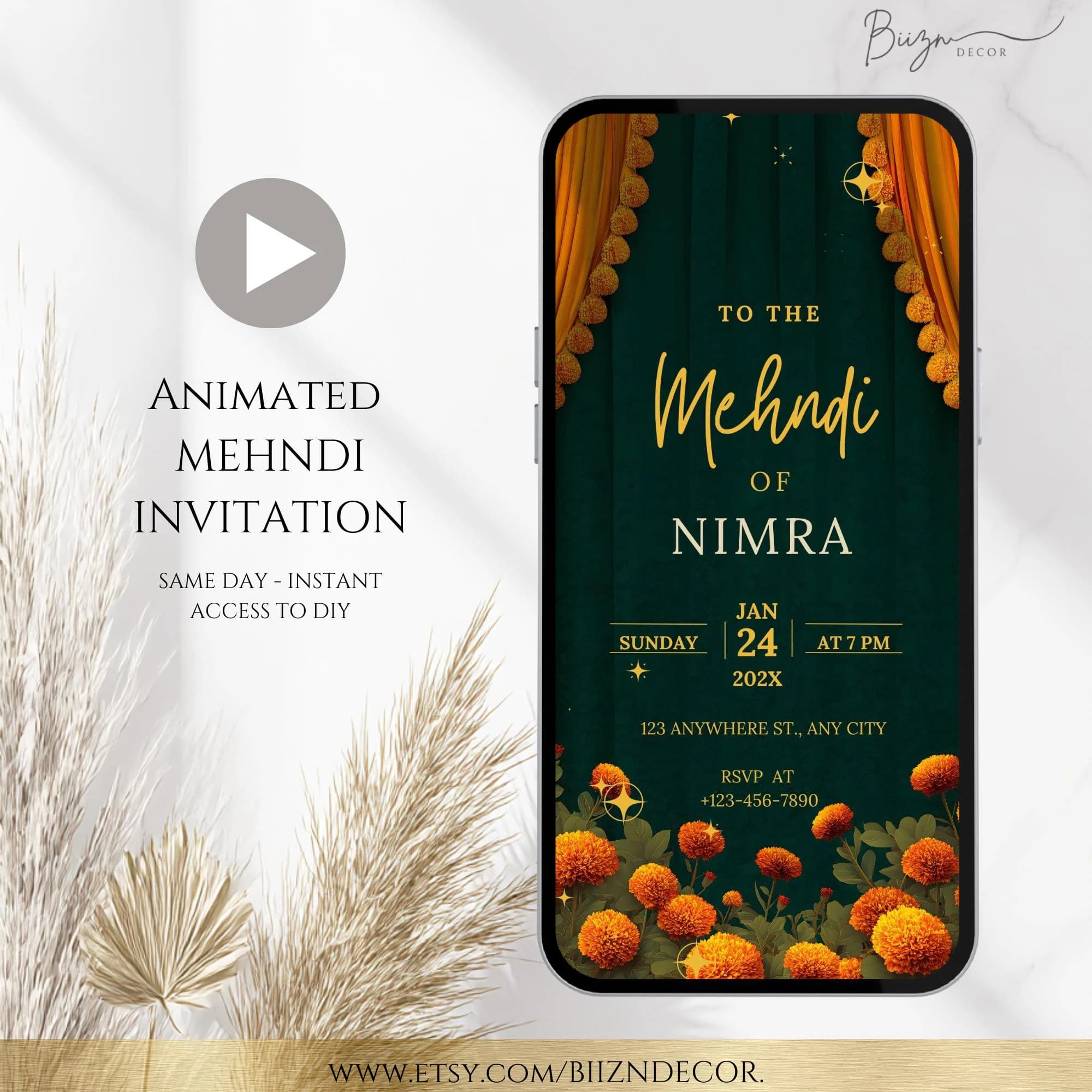 Dark Green & Floral Mehndi Invitation, Dholki Sangeet Haldi Evite, Editable Canva Template