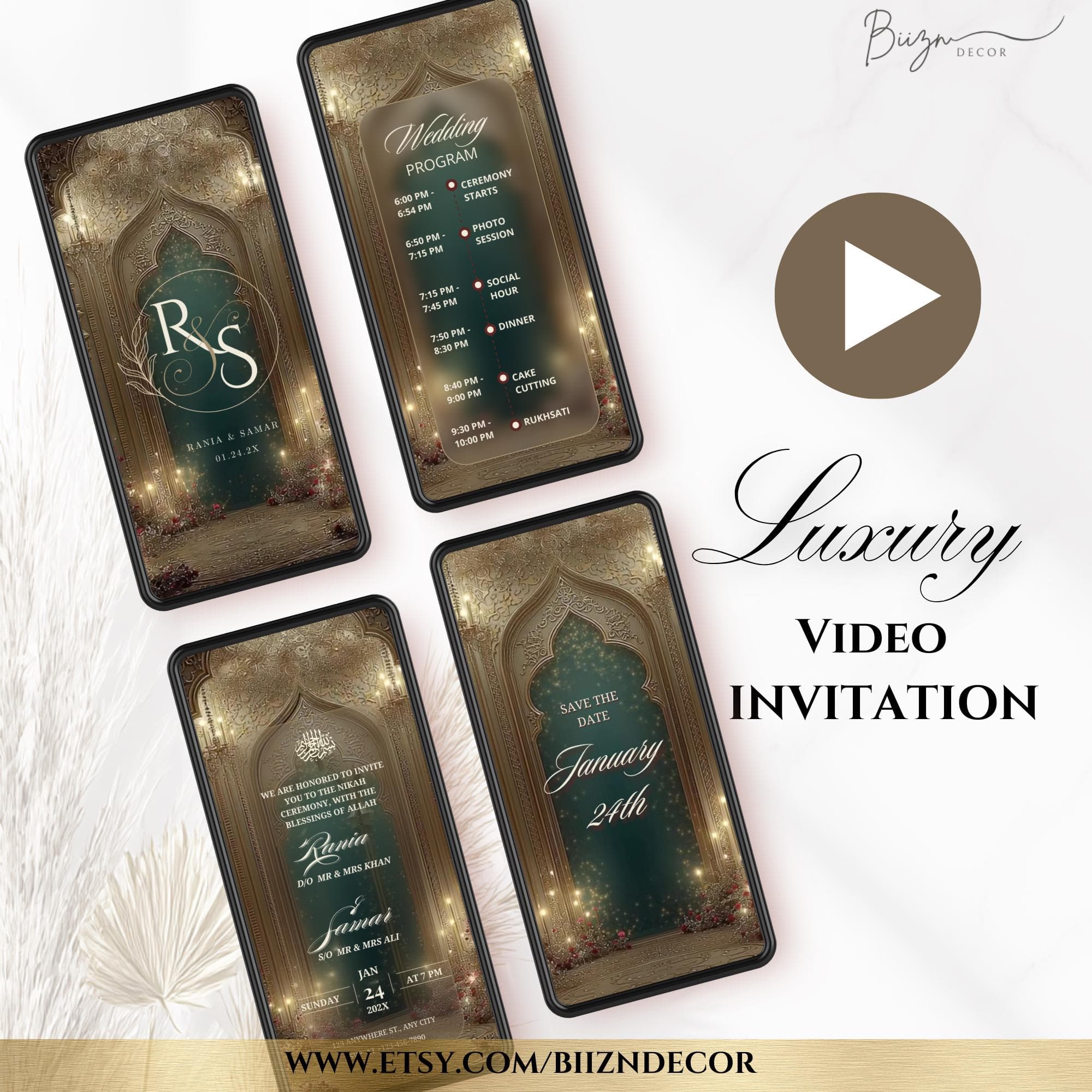 Emerald Green Nikkah Invitation: Copper Islamic Wedding Video (Digital Download)
