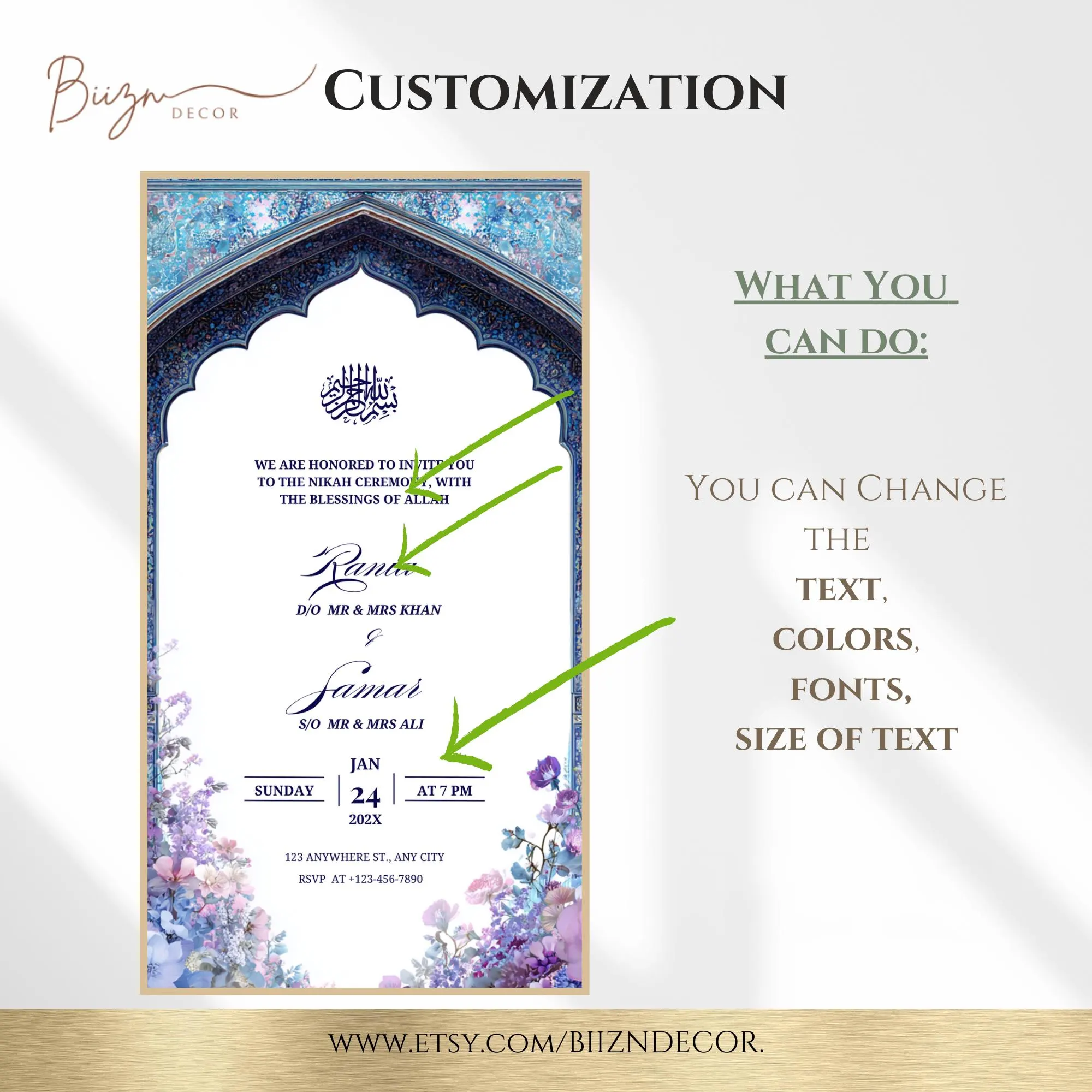 Floral Islamic Wedding Invitation Template, Mobile + 5x7 Card (DIY Instant Download) - image 2
