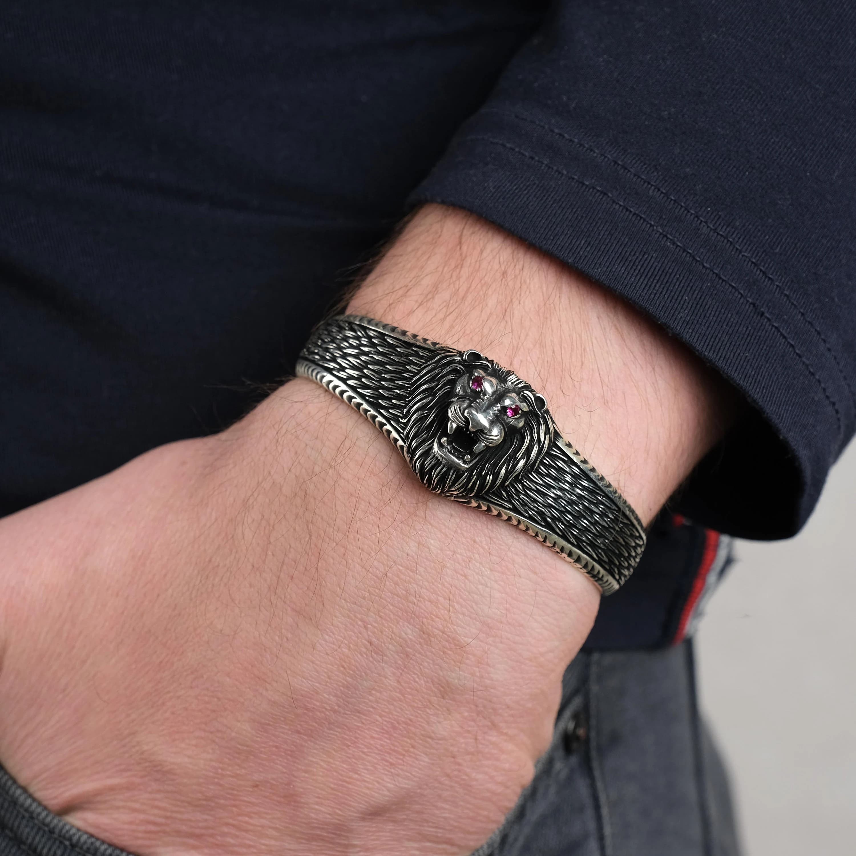 Handmade Men's Lion Head Silver Bracelet, 925 Sterling Silver Adjustable Bracelet, Handmade Silver Cuff Bracelet, Handmade Silver Bracelet