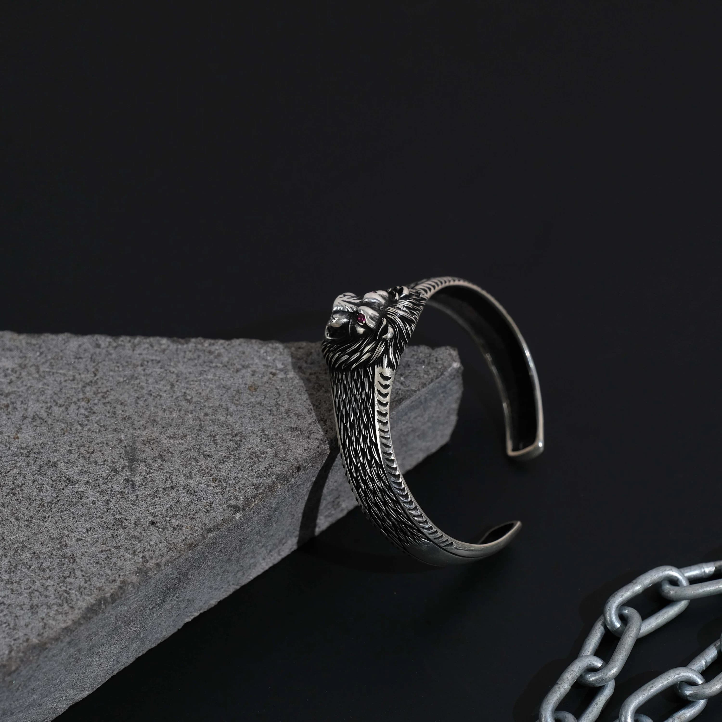 Handmade Men's Lion Head Silver Bracelet, 925 Sterling Silver Adjustable Bracelet, Handmade Silver Cuff Bracelet, Handmade Silver Bracelet