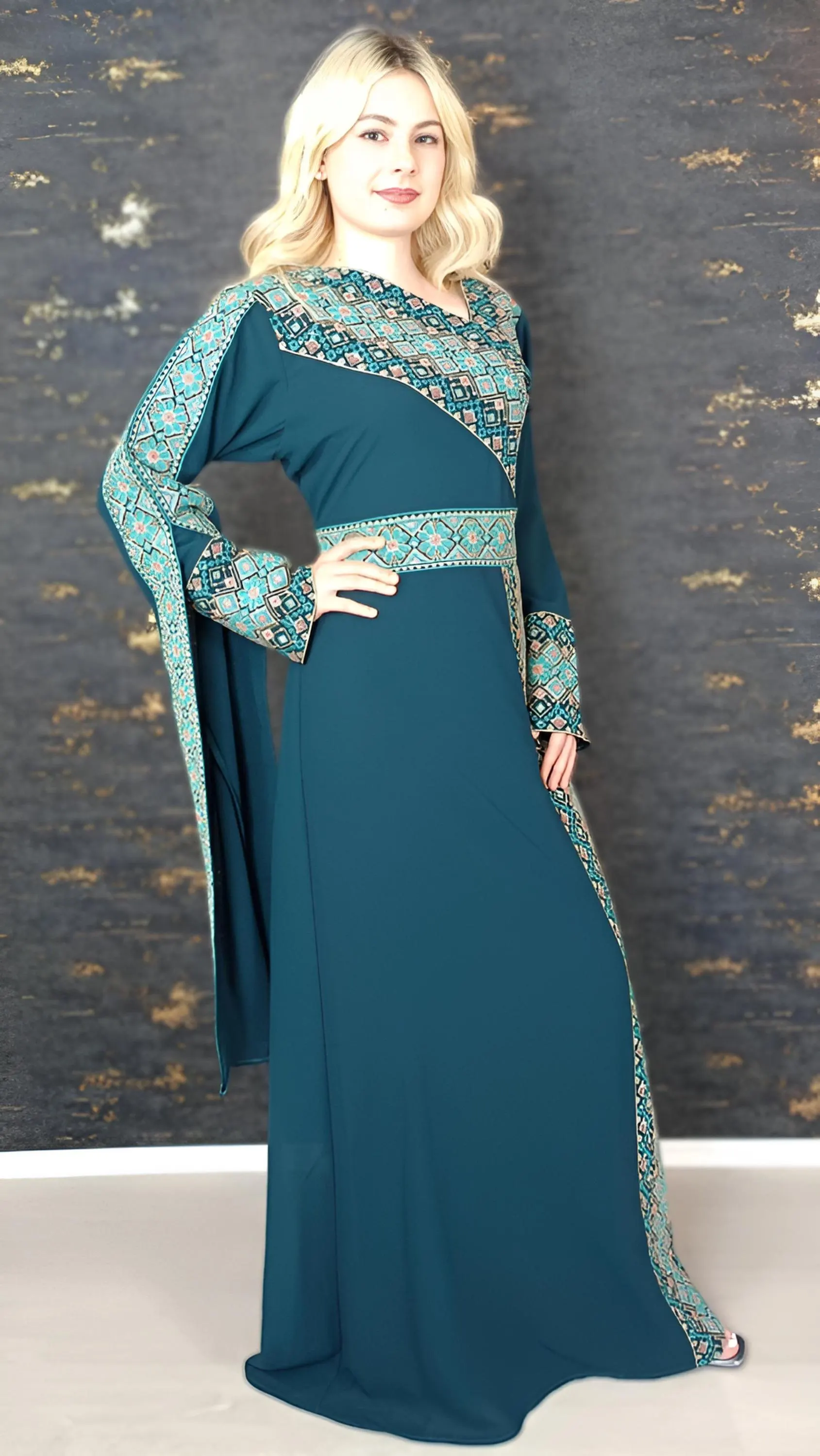 Kaftan Schaza mit Gürtel, petrol, asymmetrischer Halsausschnitt, unterschiedliche Armlängen, bunte Stickerei, Kleid für besondere Anlässe - image 2