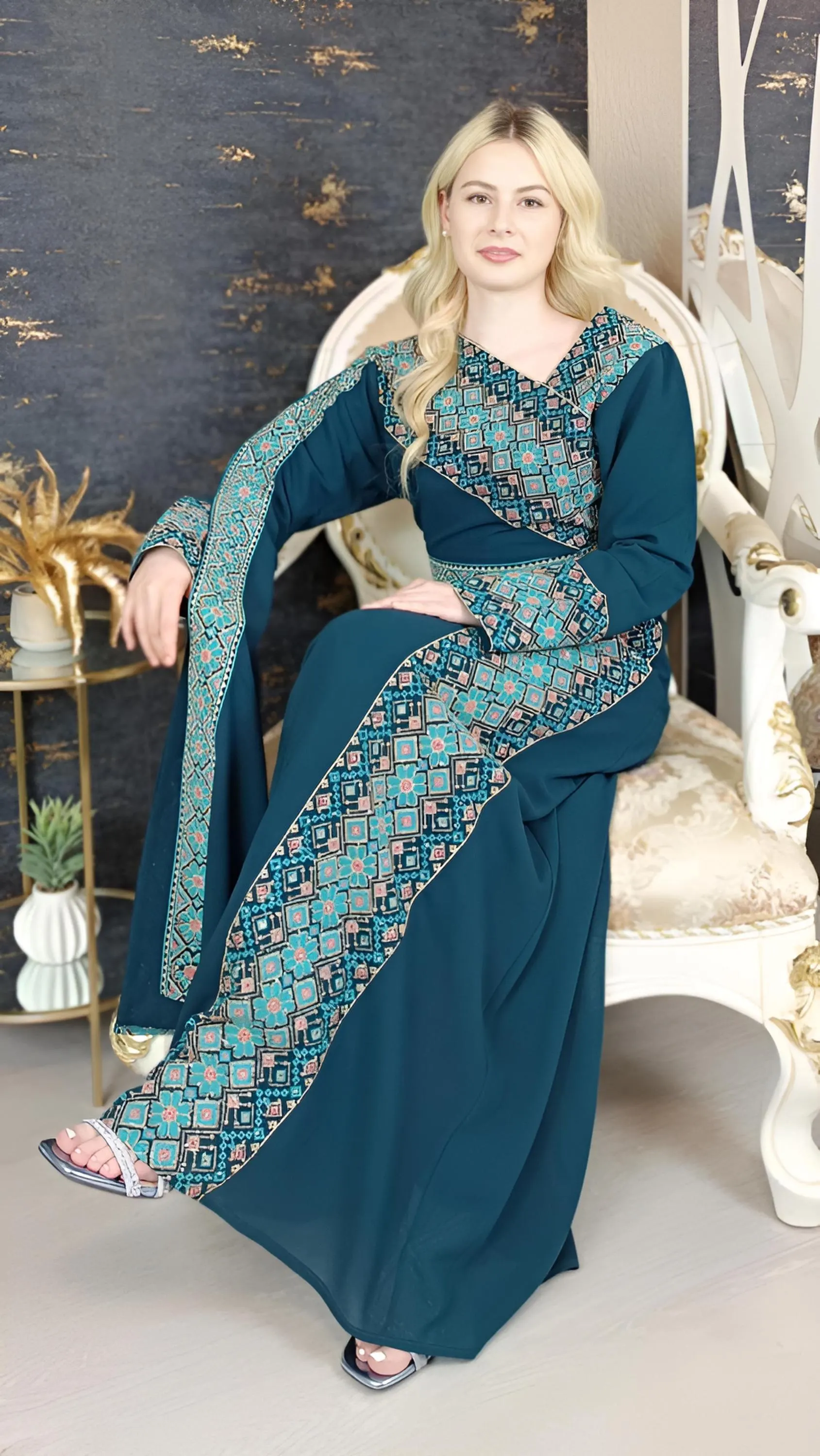 Kaftan Schaza mit Gürtel, petrol, asymmetrischer Halsausschnitt, unterschiedliche Armlängen, bunte Stickerei, Kleid für besondere Anlässe - image 3