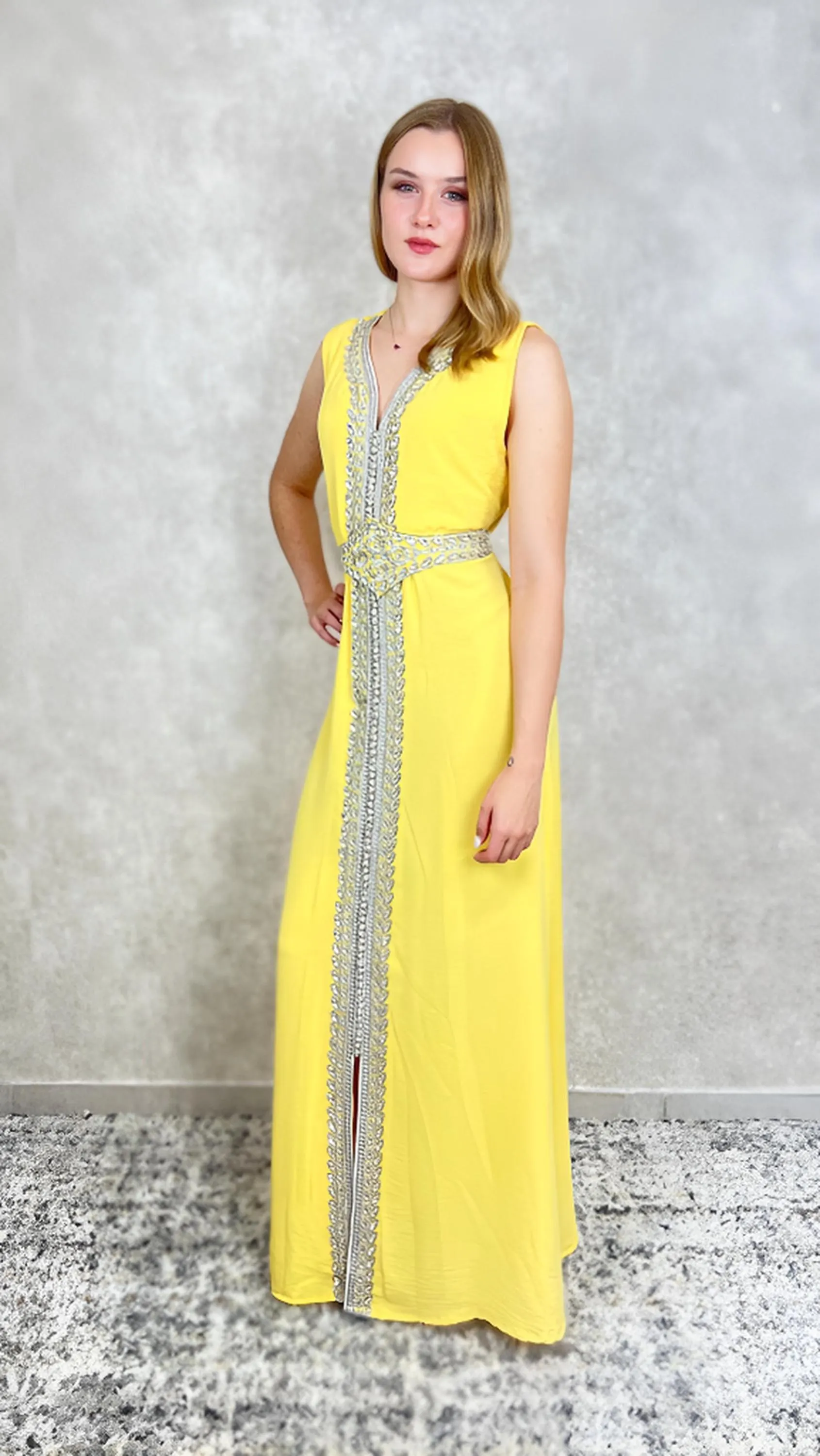 Kaftan Balkies mit Abaya, gelb, Trompetenärmel, Gürtel, silber Stickerei, Abendkleid, Hochzeitsdress, Verlobung, Hennakleid, Festkleid - image 5
