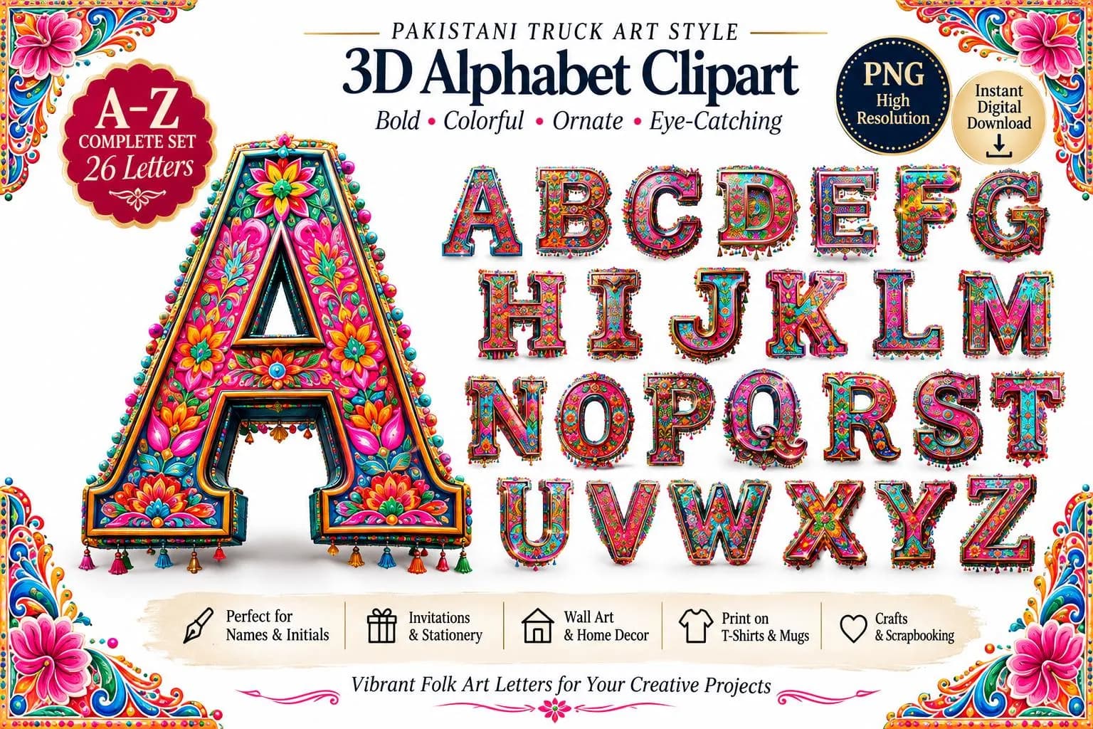 Pakistani Truck Art Alphabet Clipart, 3D A-Z Letter PNG Bundle, Colorful Folk Art Initials, Ornate Digital Download - image 2