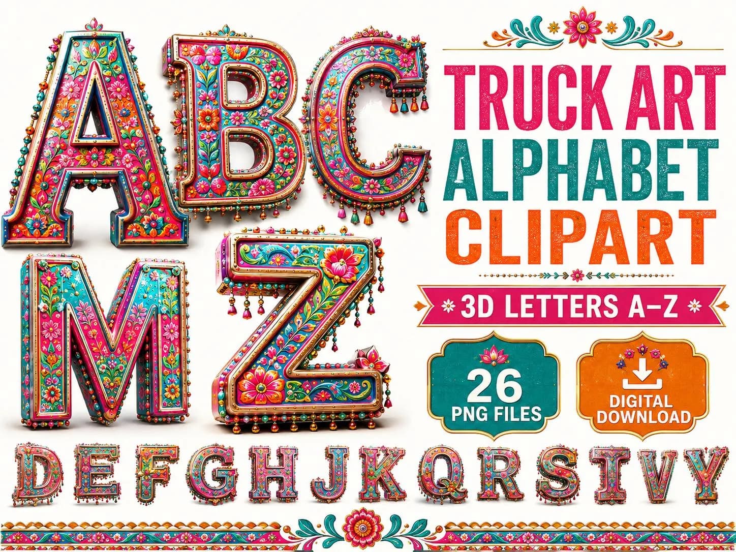 Pakistani Truck Art Alphabet Clipart, 3D A-Z Letter PNG Bundle, Colorful Folk Art Initials, Ornate Digital Download