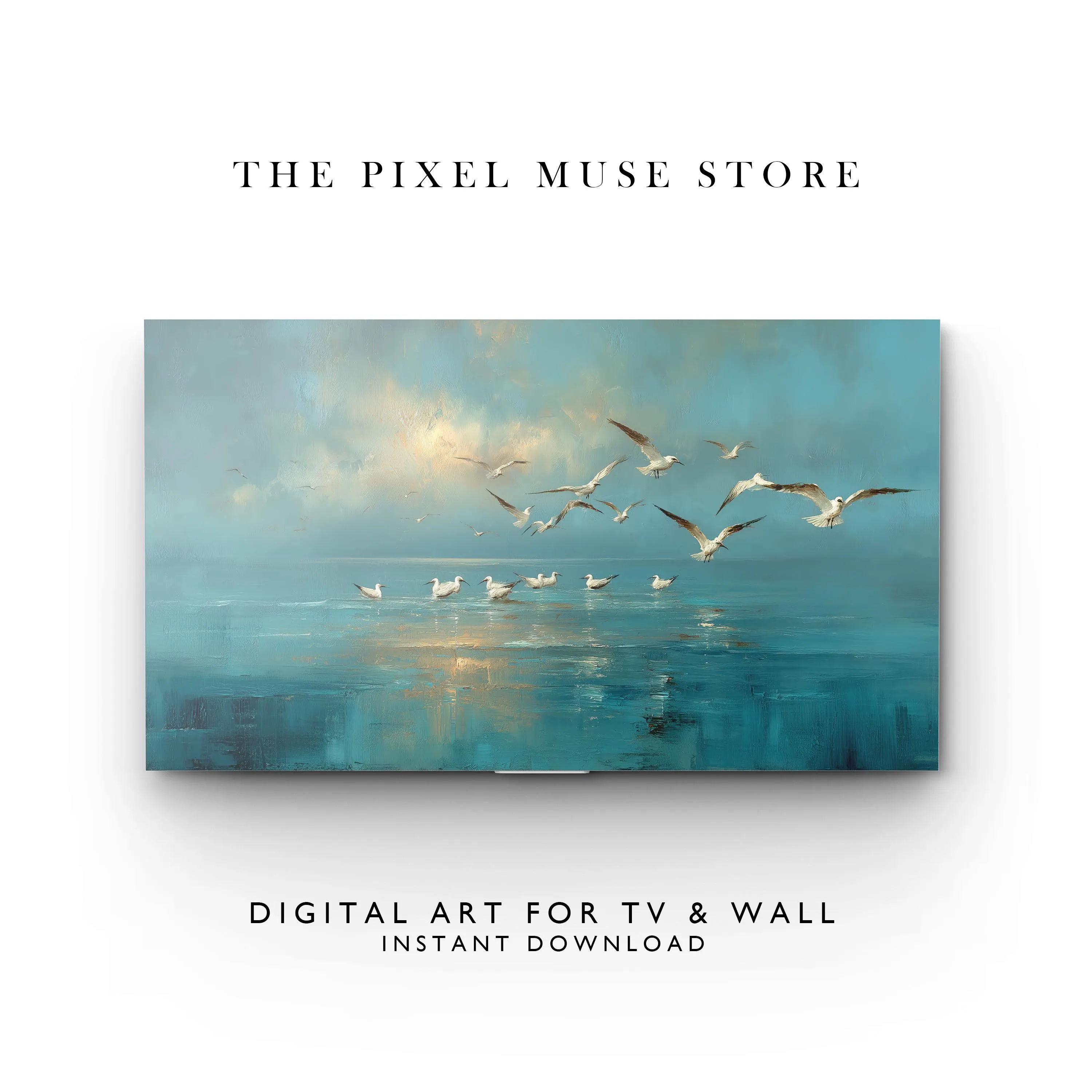 Seagulls Over Calm Ocean Frame TV Art, Coastal Oil Painting Samsung Frame TV Art 4K, Beach House Digital Download