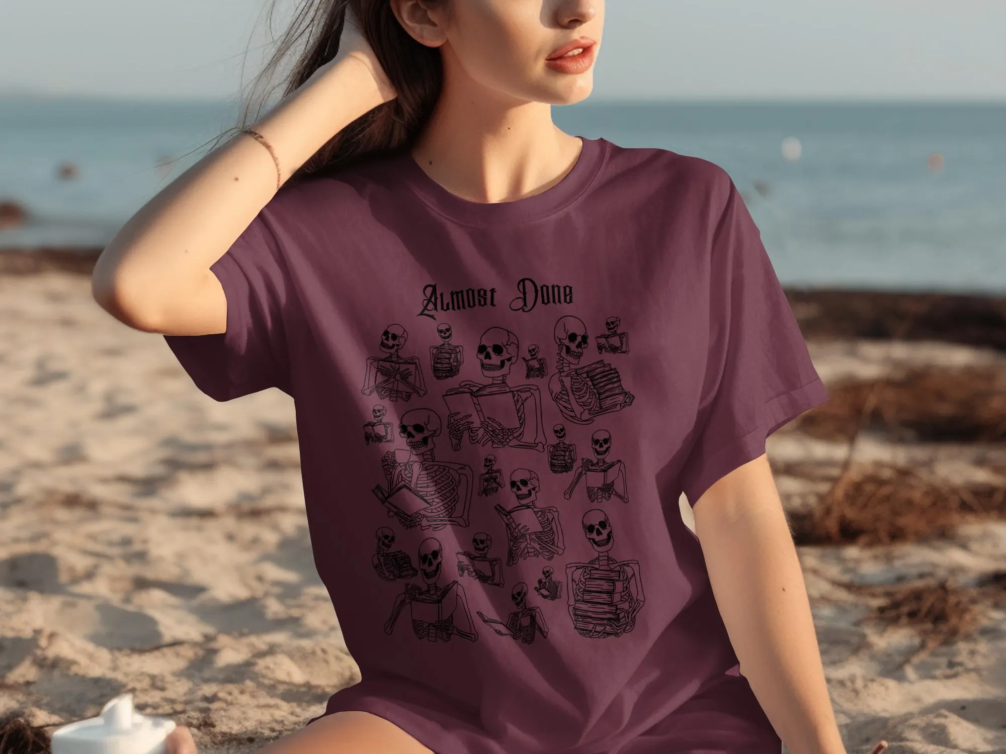 The "Almost Done" Funny Skeletons Reading T-Shirt Book Worm Tee Book Lover Gift Nerd Book Club Spooky Halloween Bookish Hoodie Skeleton meme - image 4