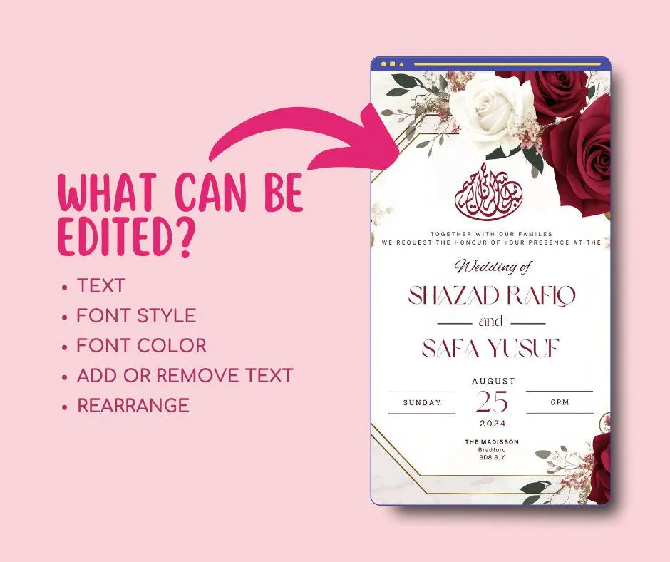 Floral Muslim Wedding Invitation: Red Roses Nikah Evite (Digital Download)