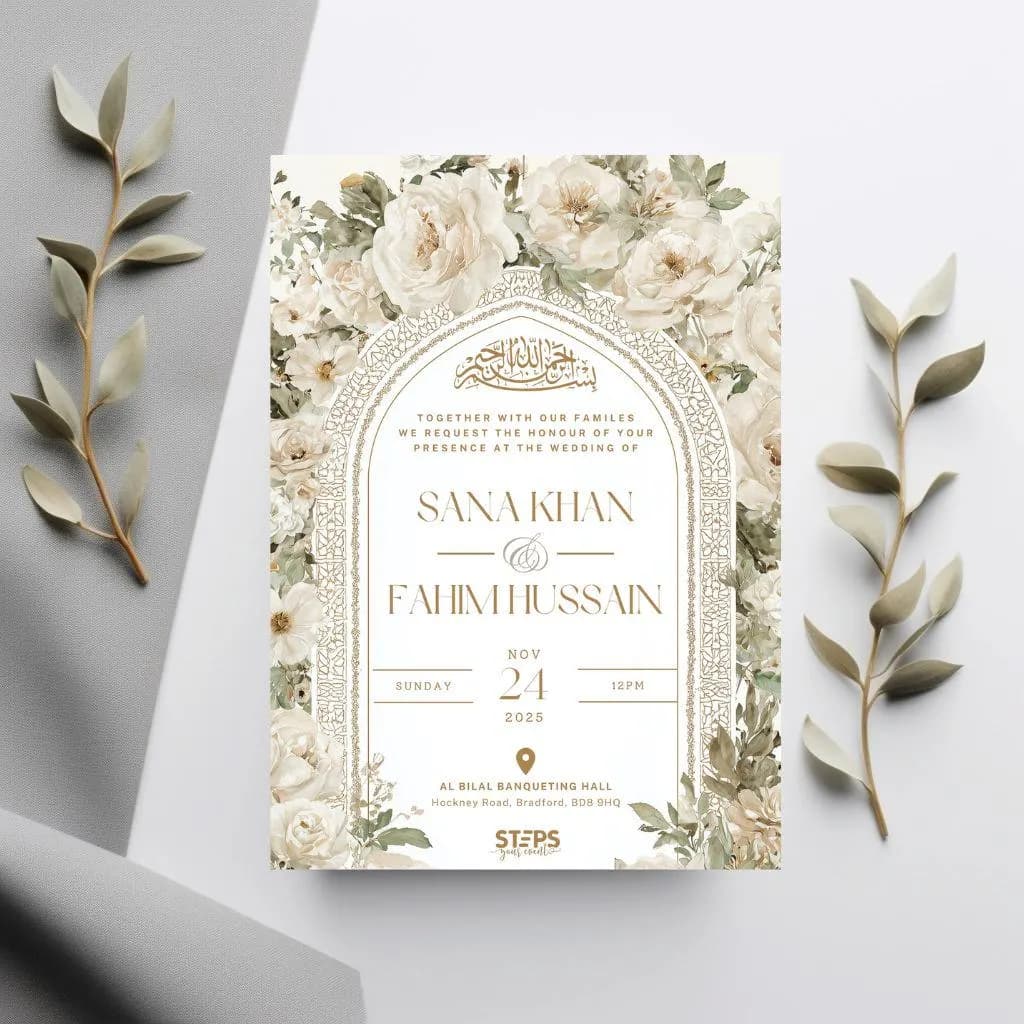 Digital Muslim Wedding Invitation Template, Electronic white roses Walima Invitation, Editable Islamic wedding invite, Neutral nikkah invite - image 2