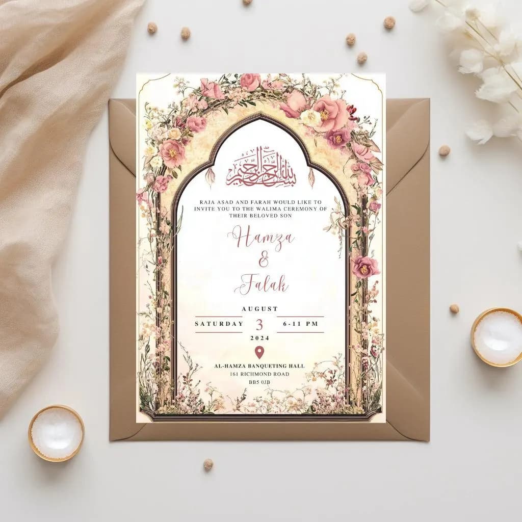 Digital Muslim Wedding Invitation Template, Floral Pink Beige Elegant Mughal Nikkah Invite, Editable Islamic wedding invite Reception Evite - image 4